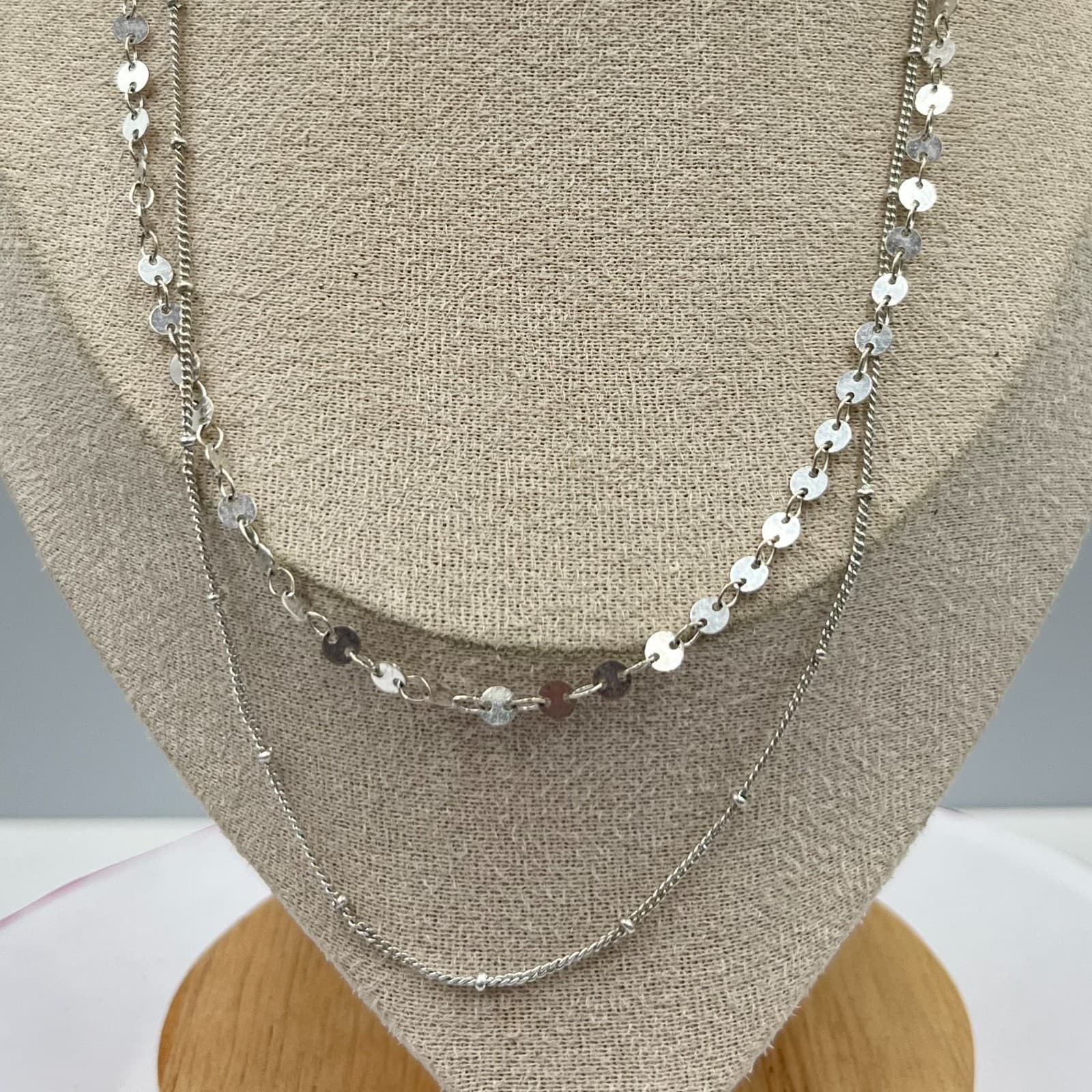 Vintage Modern Layered Silver Tone Sequin & Satellite Bead Multi-Strand Necklace - Thumbnail 2