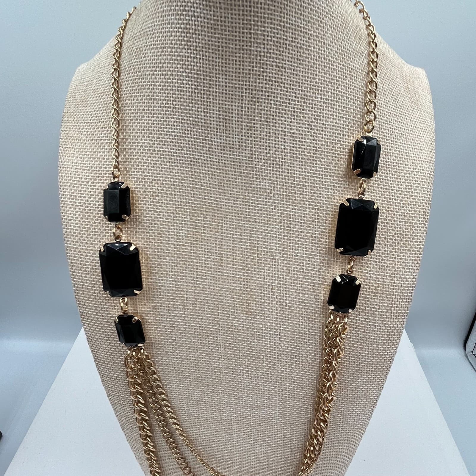 VTG Gold Tone Black Prong Beads Multi-Strand Layered Necklace & Earrings Set - Thumbnail 3