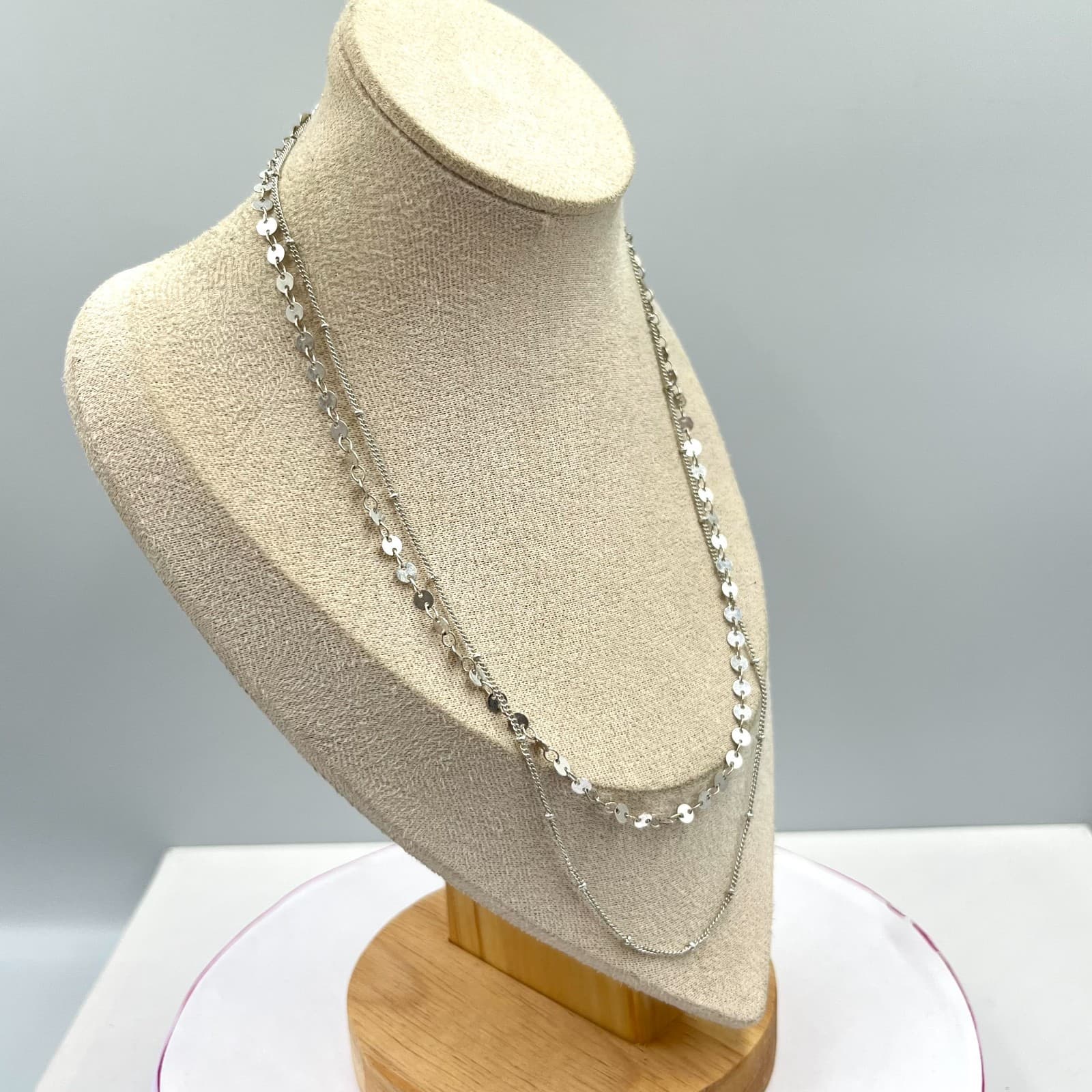 Vintage Modern Layered Silver Tone Sequin & Satellite Bead Multi-Strand Necklace - Thumbnail 3