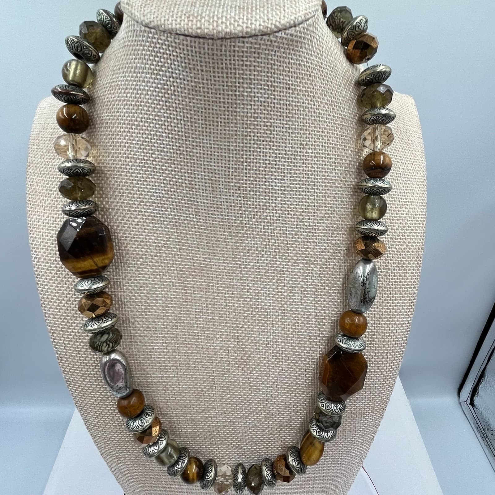 VTG Boho Tiger’s Eye & Mixed Bead Statement Necklace Silver Tone Southwestern - Thumbnail 2