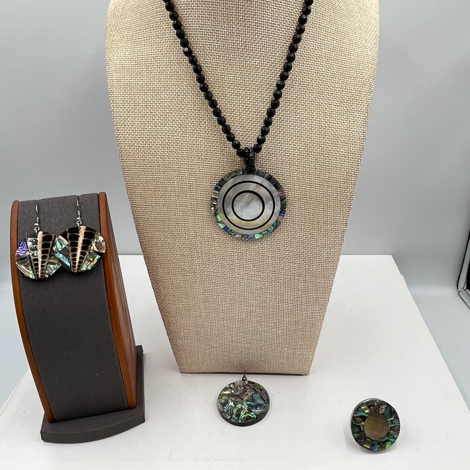 Vintage Y2K Abalone Shell Inlay Geometric Necklace, Earrings & Ring Set Retro