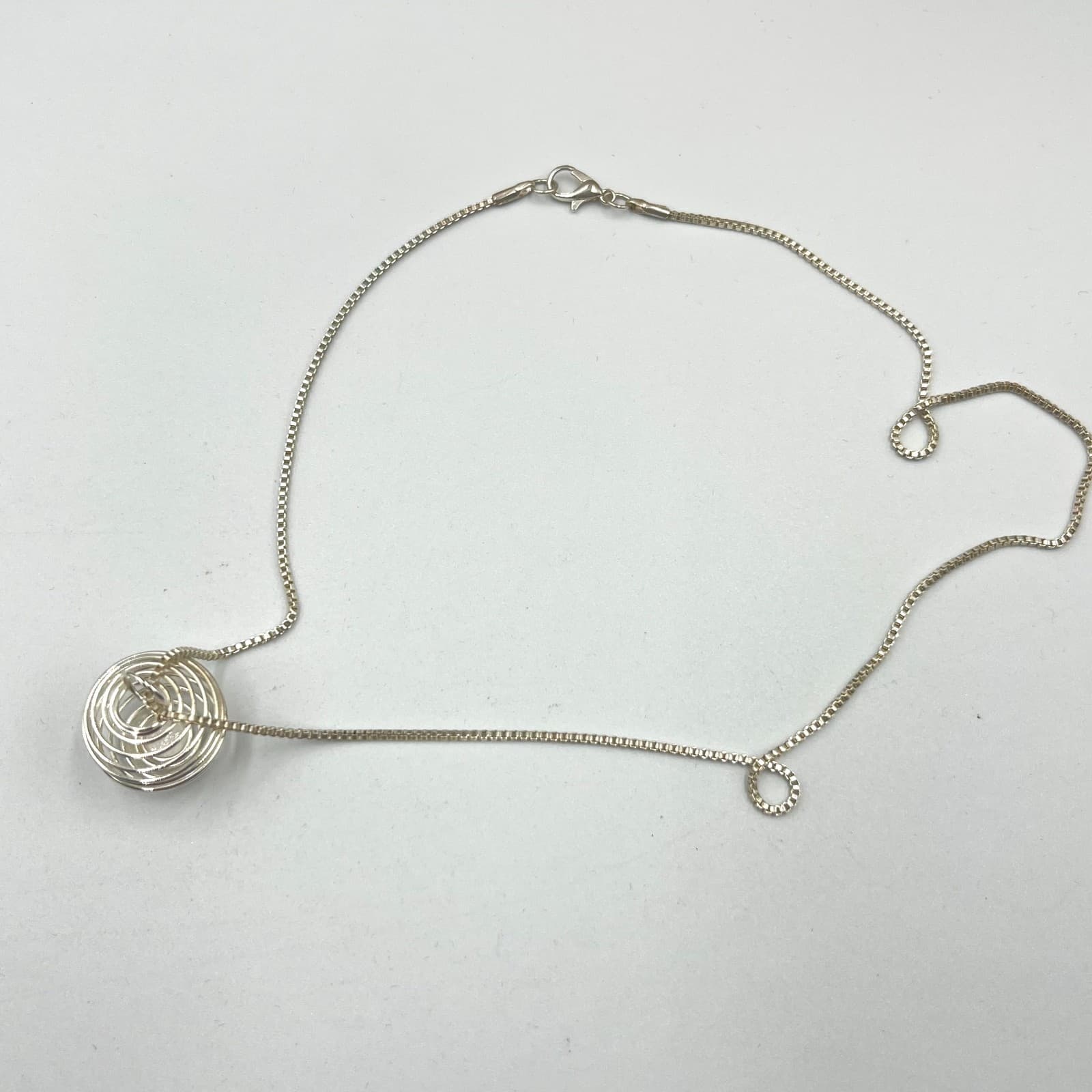Vintage Silver Tone Spiral Cage Orb Pendant Box Chain Necklace Y2K Retro Classic - Thumbnail 2