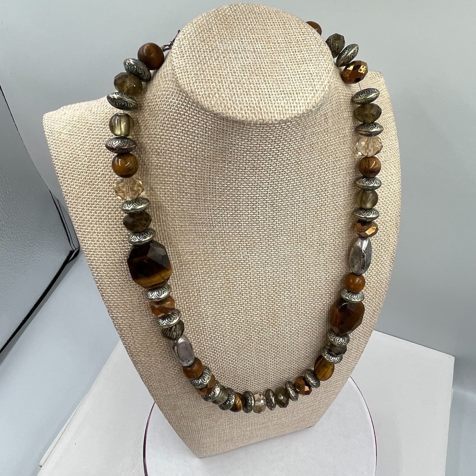 VTG Boho Tiger’s Eye & Mixed Bead Statement Necklace Silver Tone Southwestern - Thumbnail 6