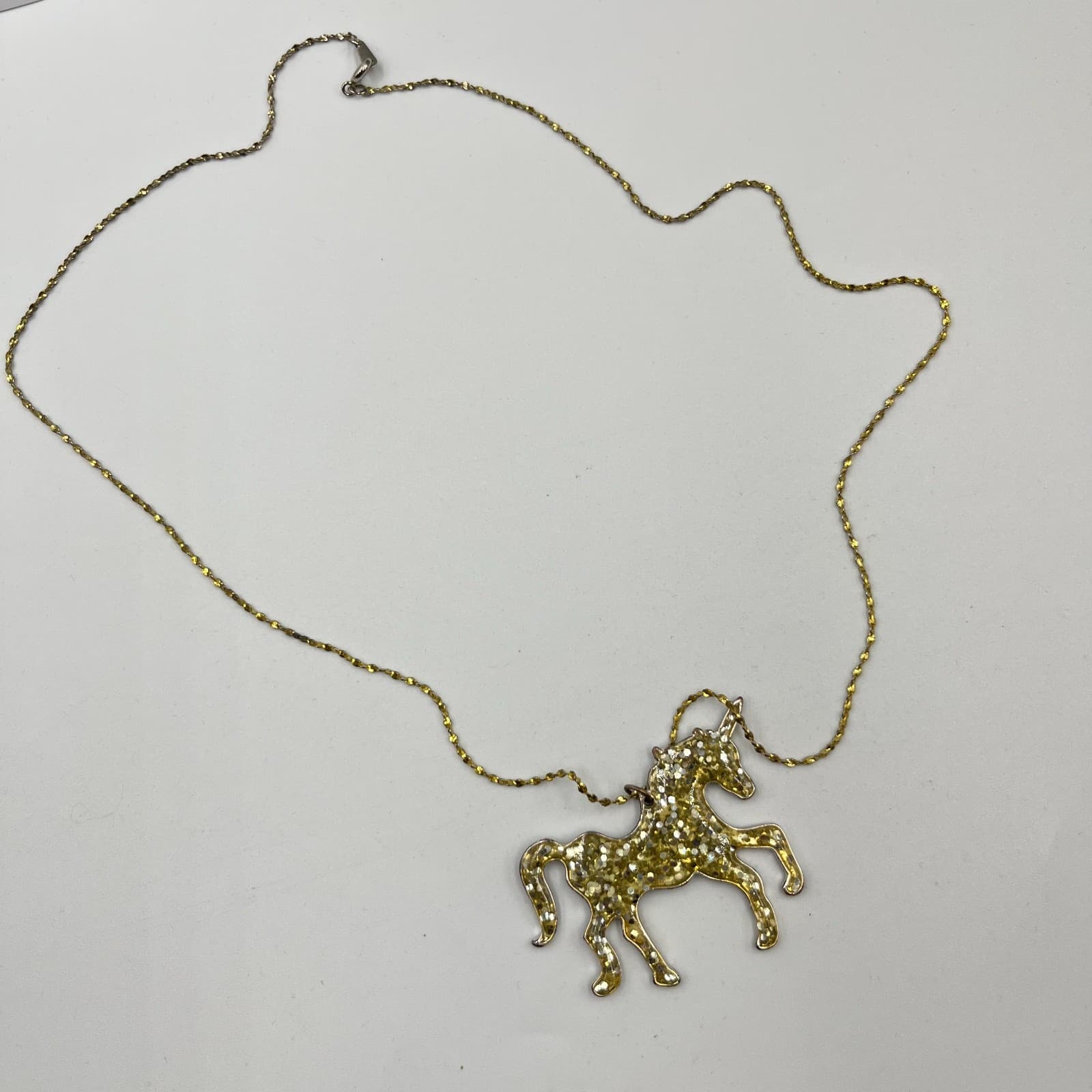 Vintage Y2K Gold Tone Unicorn Pendant Necklace Gold Glitter Resin Whimsical - Thumbnail 2