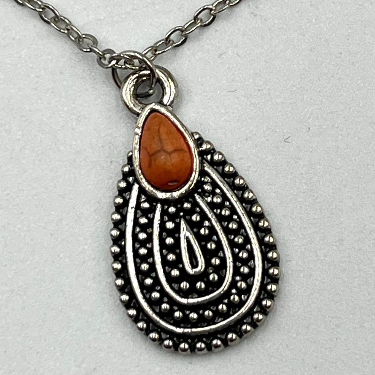 Vintage Southwestern Silver Tone Teardrop Pendant Stone Necklace Bohemian - Thumbnail 3