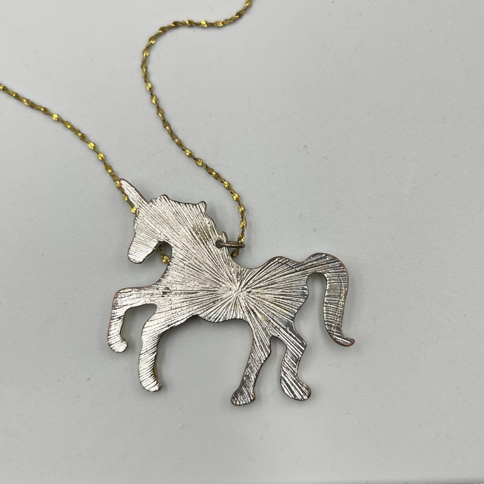 Vintage Y2K Gold Tone Unicorn Pendant Necklace Gold Glitter Resin Whimsical - Thumbnail 3
