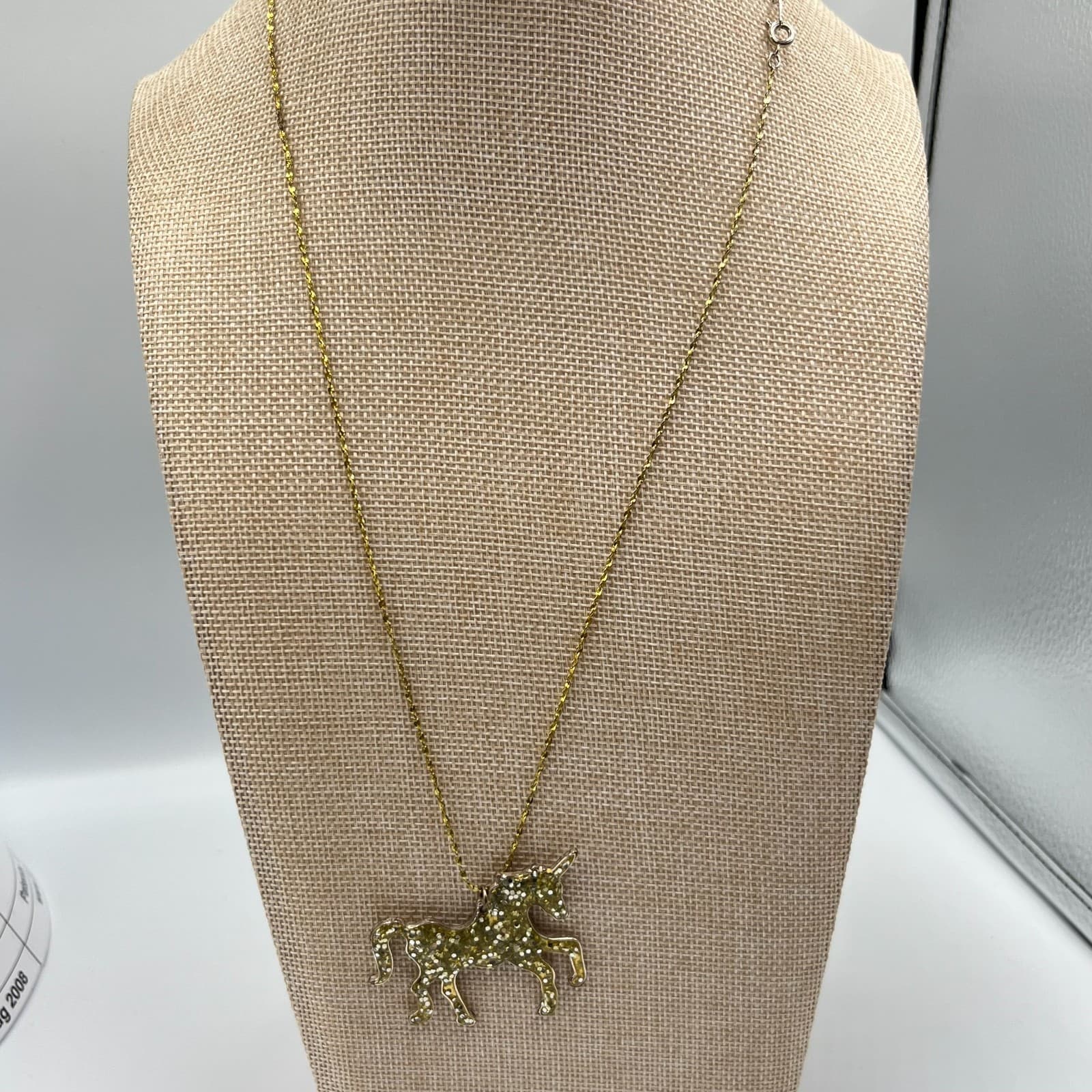 Vintage Y2K Gold Tone Unicorn Pendant Necklace Gold Glitter Resin Whimsical - Thumbnail 5