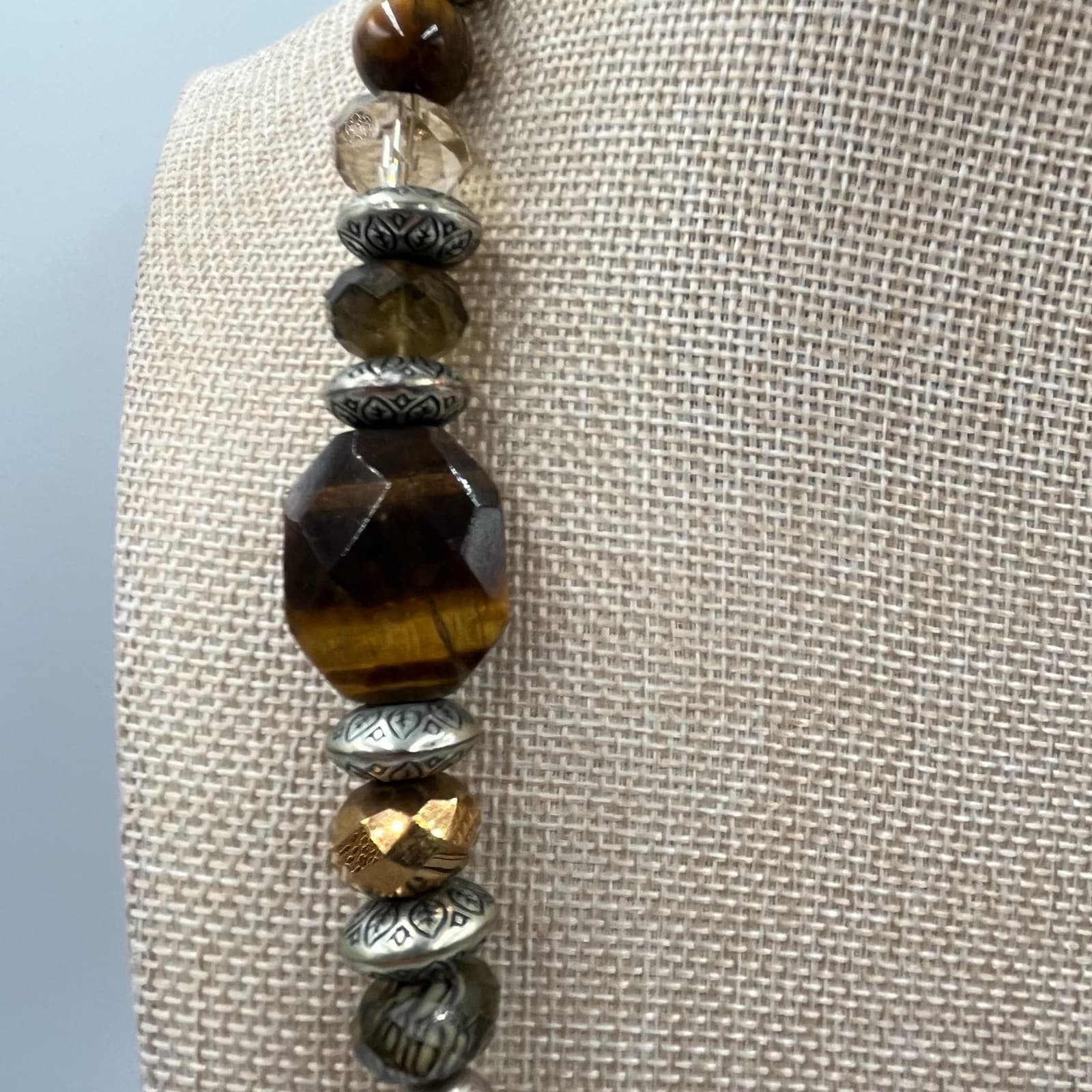 VTG Boho Tiger’s Eye & Mixed Bead Statement Necklace Silver Tone Southwestern - Thumbnail 3