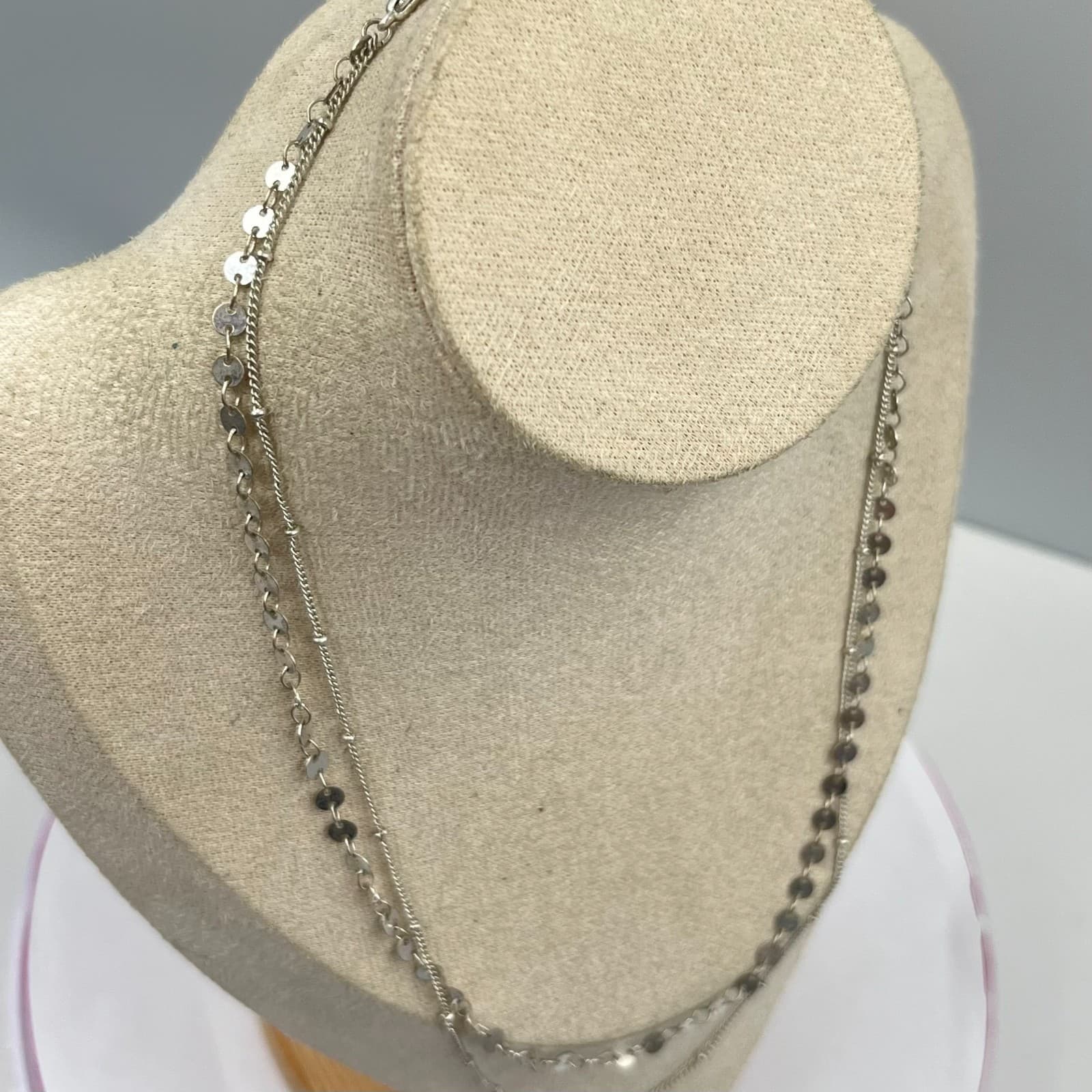 Vintage Modern Layered Silver Tone Sequin & Satellite Bead Multi-Strand Necklace - Thumbnail 4