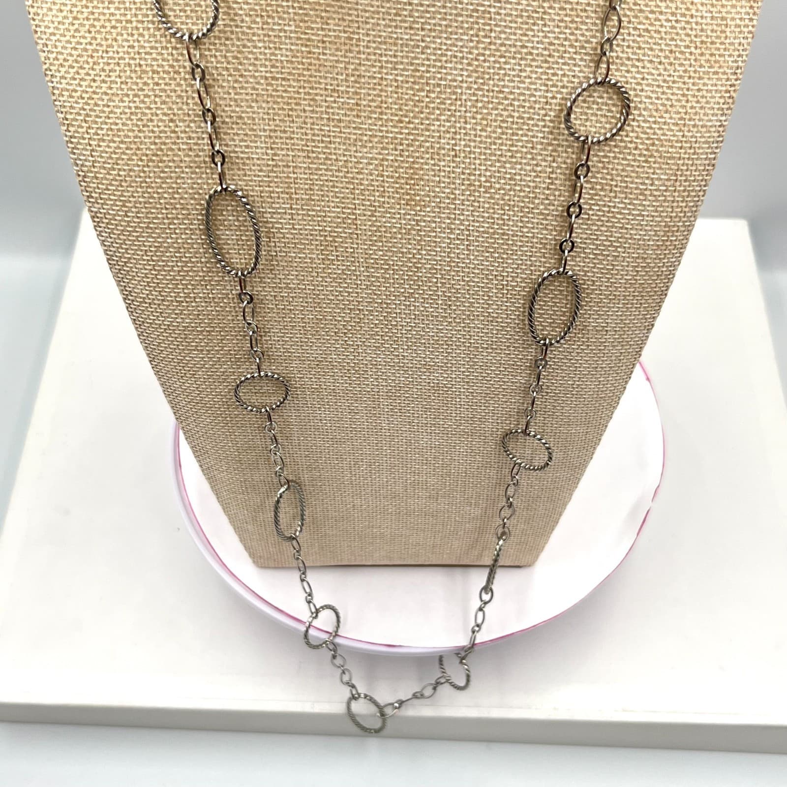 Vintage Silver Tone Long Station Necklace Twisted Rope Link Y2K Retro Style - Thumbnail 3