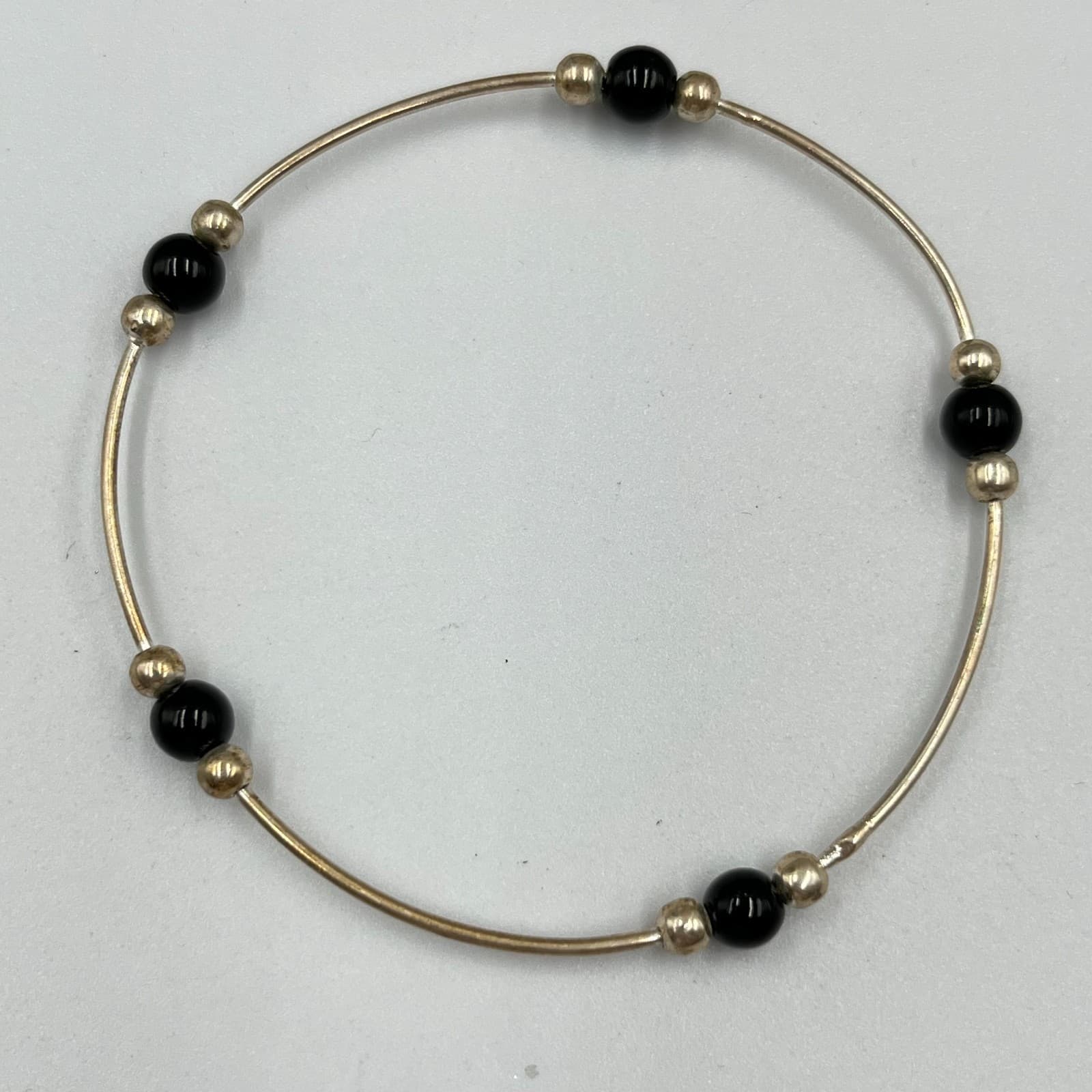 Vintage Retro Silver Tone Black Bead Stackable Bangle Bracelet Set of 6 - Thumbnail 2