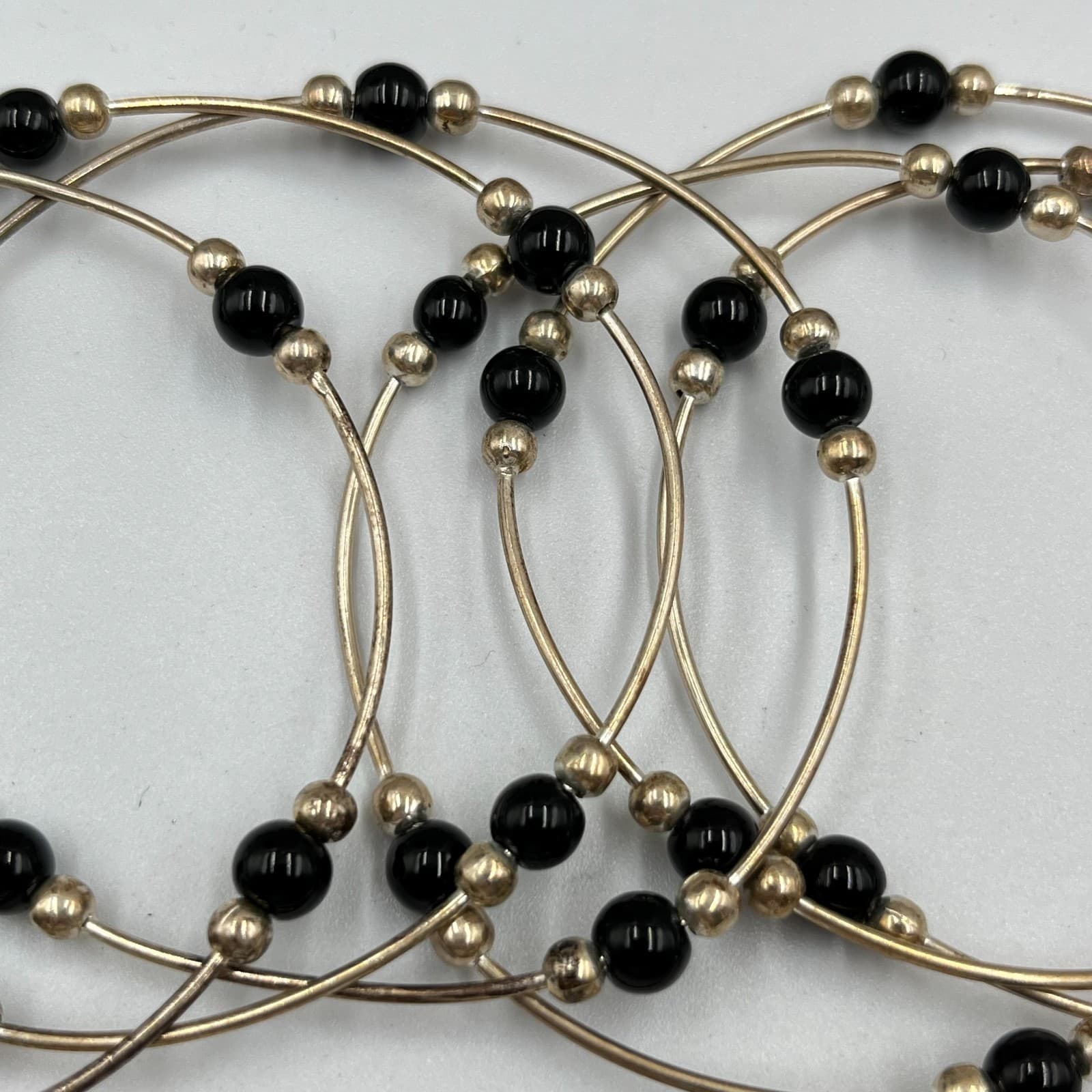 Vintage Retro Silver Tone Black Bead Stackable Bangle Bracelet Set of 6 - Thumbnail 4