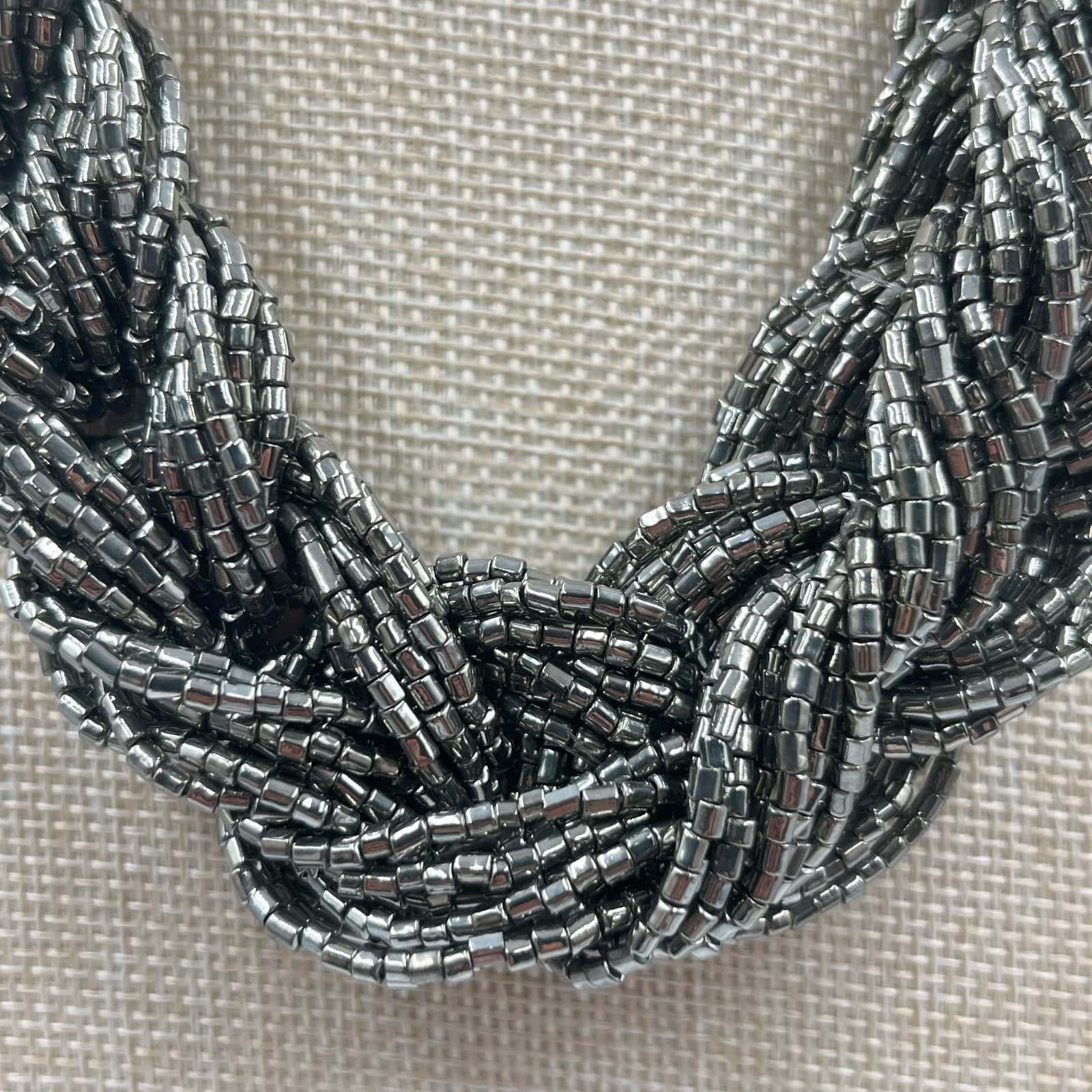 VTG Gunmetal Multi-Strand Braided Seed Bead Statement Necklace Bold Industrial - Thumbnail 3