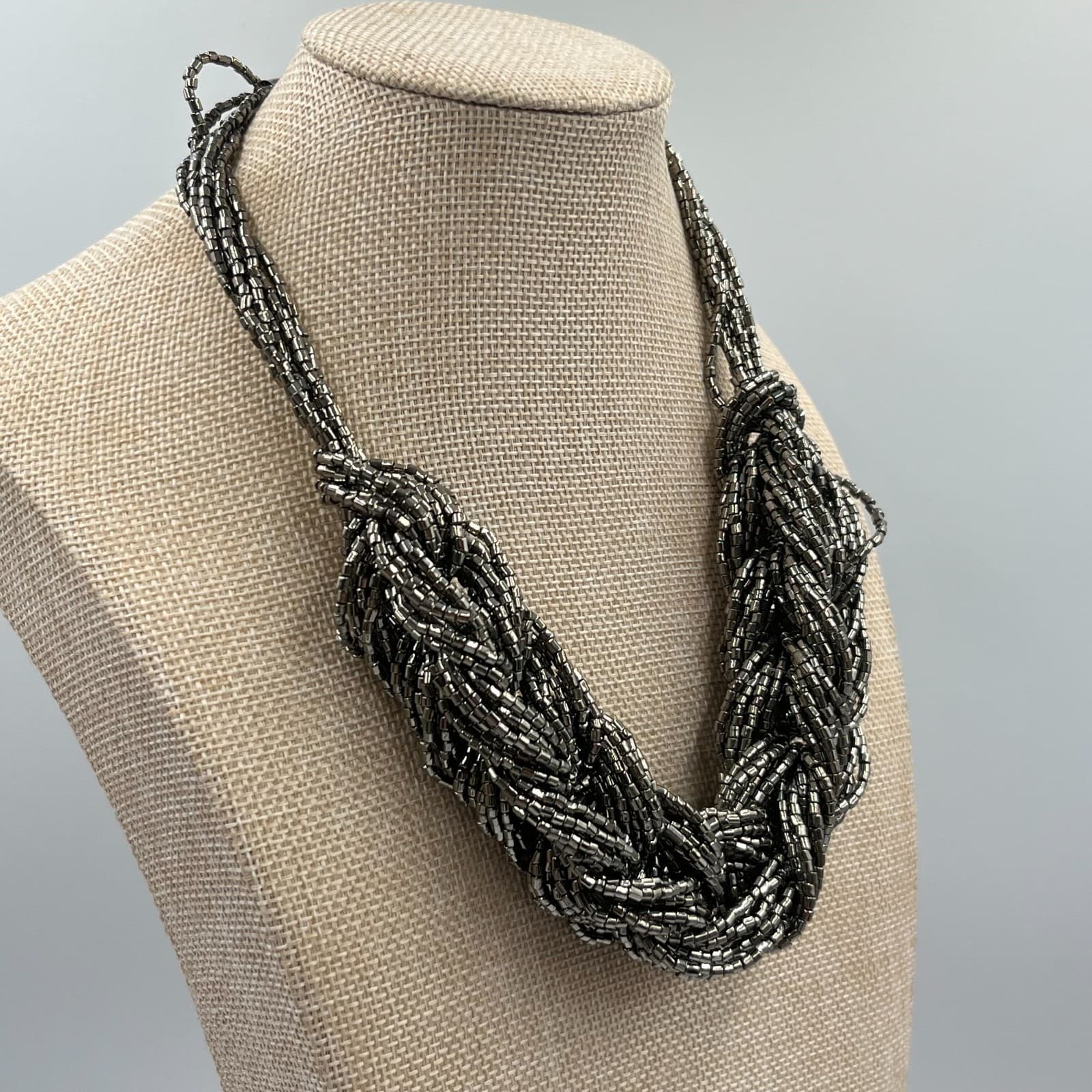 VTG Gunmetal Multi-Strand Braided Seed Bead Statement Necklace Bold Industrial - Thumbnail 4