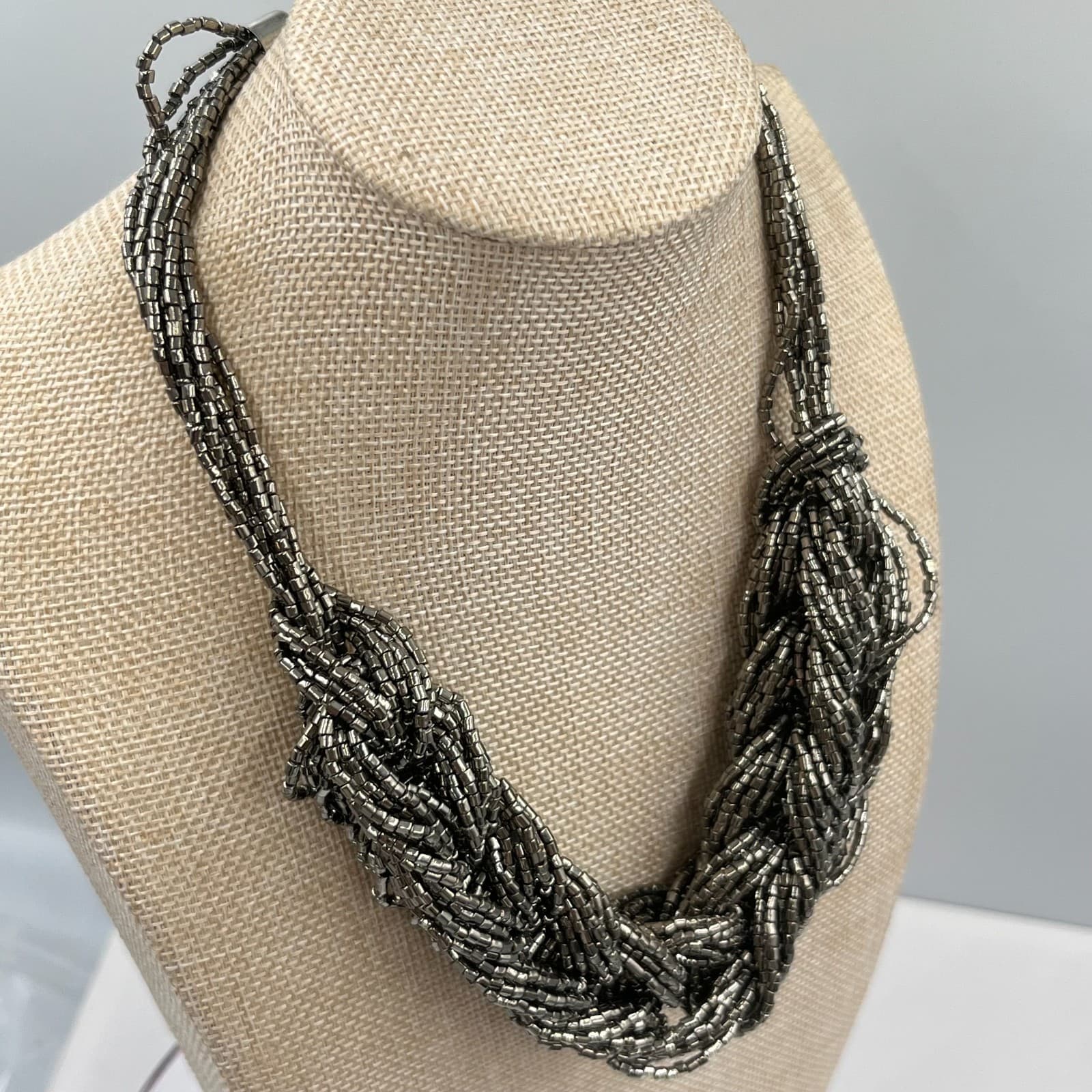 VTG Gunmetal Multi-Strand Braided Seed Bead Statement Necklace Bold Industrial - Thumbnail 5