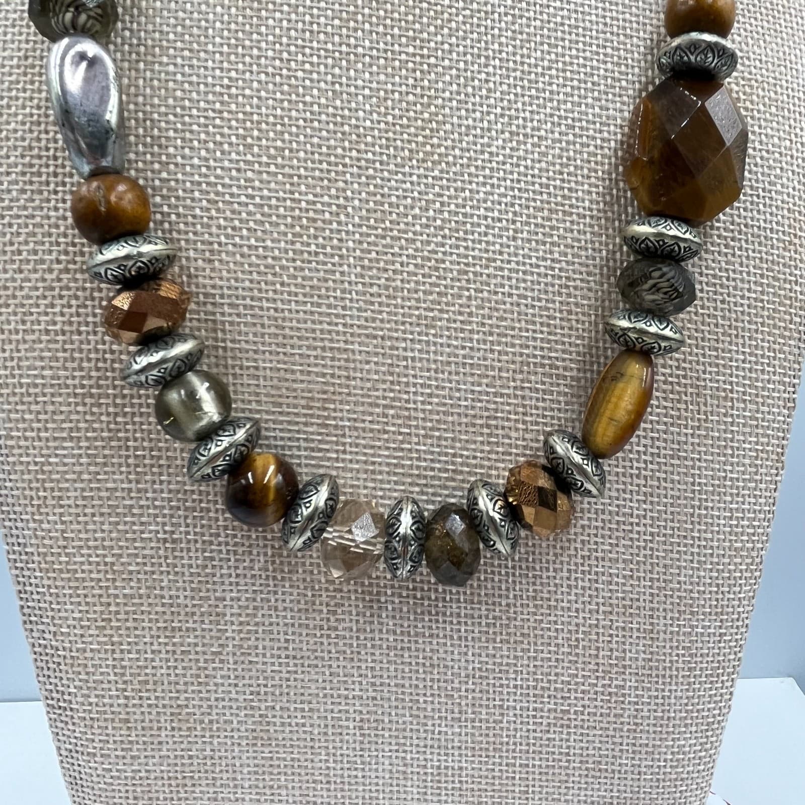 VTG Boho Tiger’s Eye & Mixed Bead Statement Necklace Silver Tone Southwestern - Thumbnail 4