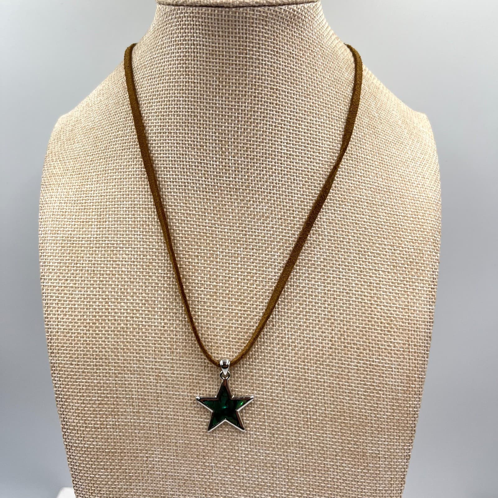 Vintage Boho Abalone Shell Star Pendant Necklace, Brown Suede Cord, Silver Tone