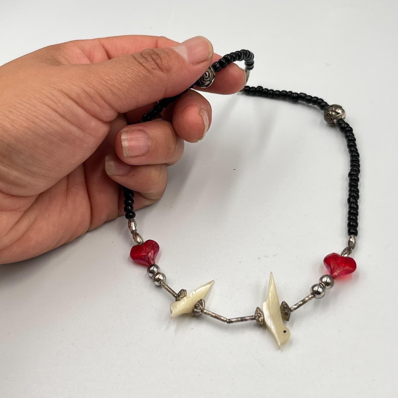 VTG Handcrafted Black Beaded Choker Necklace Red Glass Hearts Cream Bird Charms - Thumbnail 3