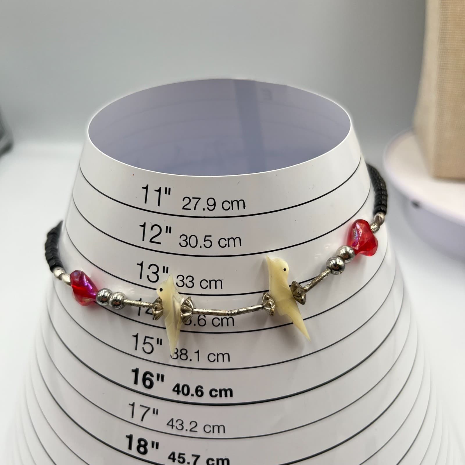 VTG Handcrafted Black Beaded Choker Necklace Red Glass Hearts Cream Bird Charms - Thumbnail 4