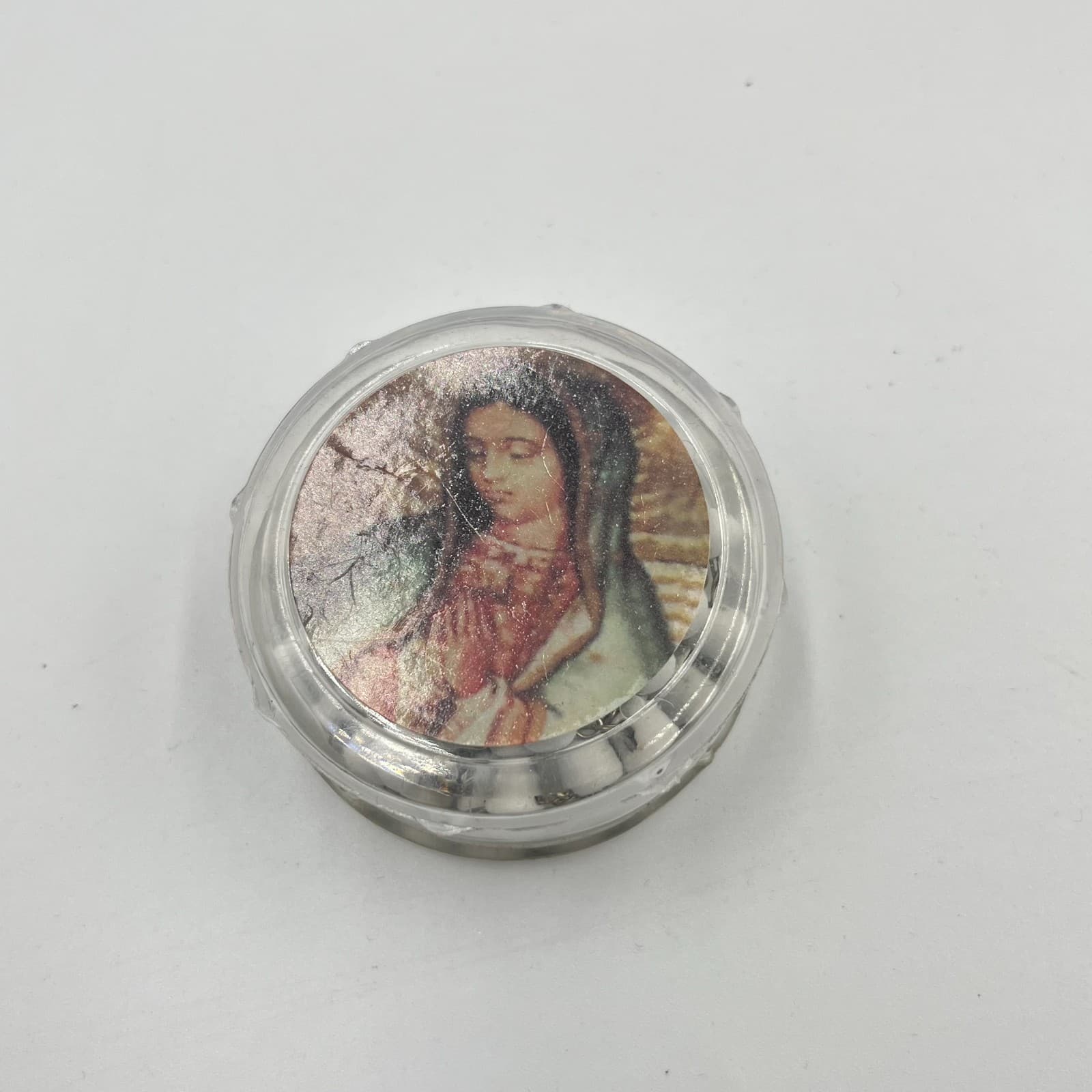 Vintage Virgin Mary Rosary Necklace White Wood Beads Silver Tone Crucifix & Case - Thumbnail 2