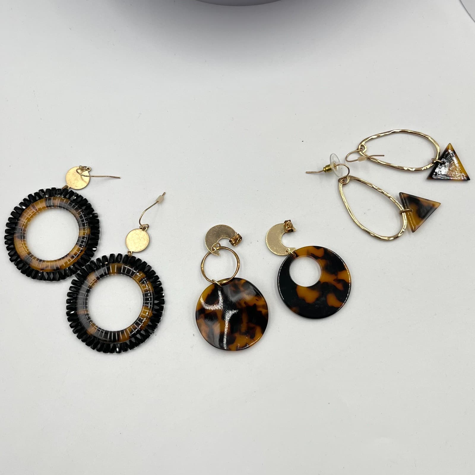 VTG Tortoise Shell Earring Set Mod Resin Gold Tone Celestial Geometric 3 Pairs