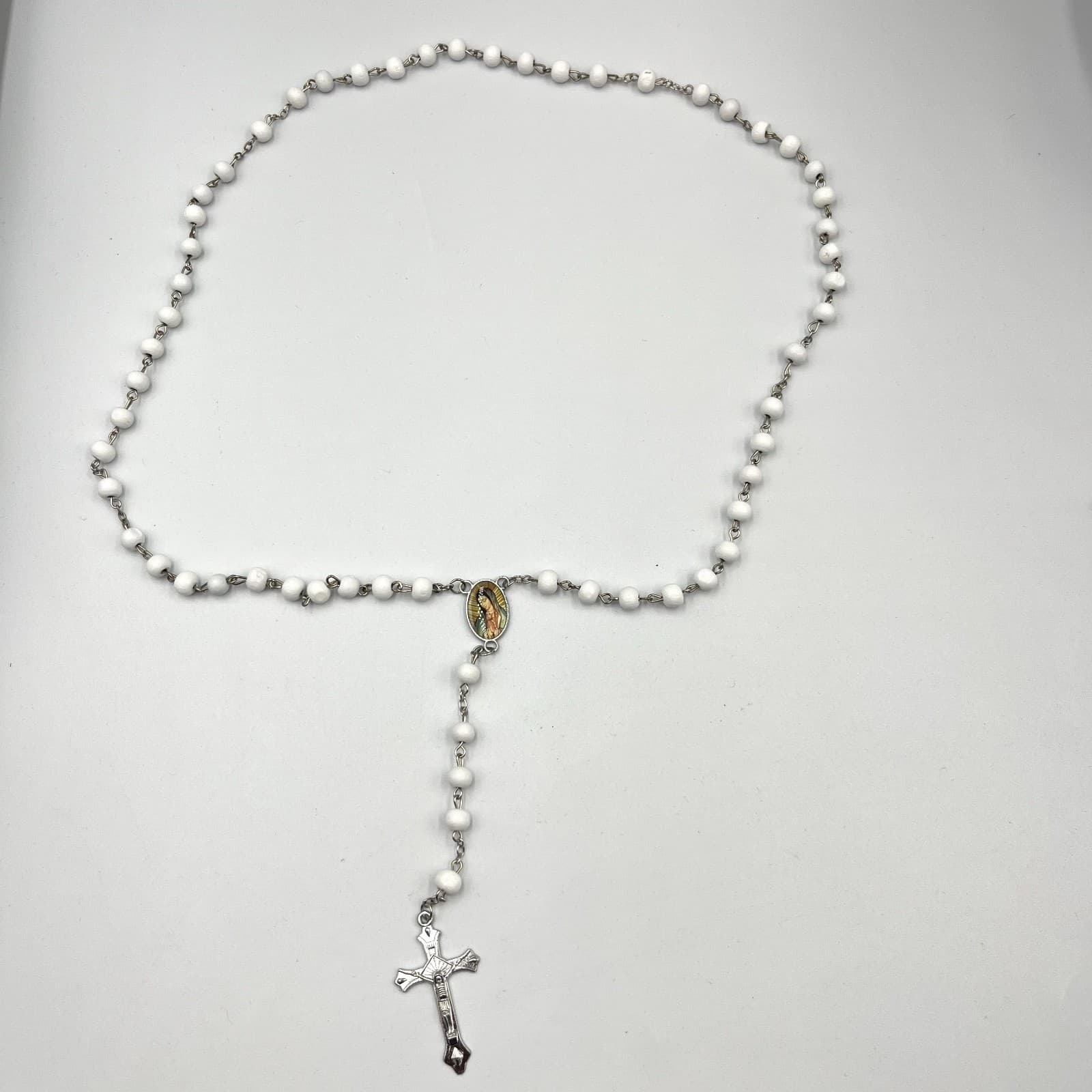 Vintage Virgin Mary Rosary Necklace White Wood Beads Silver Tone Crucifix & Case - Thumbnail 4