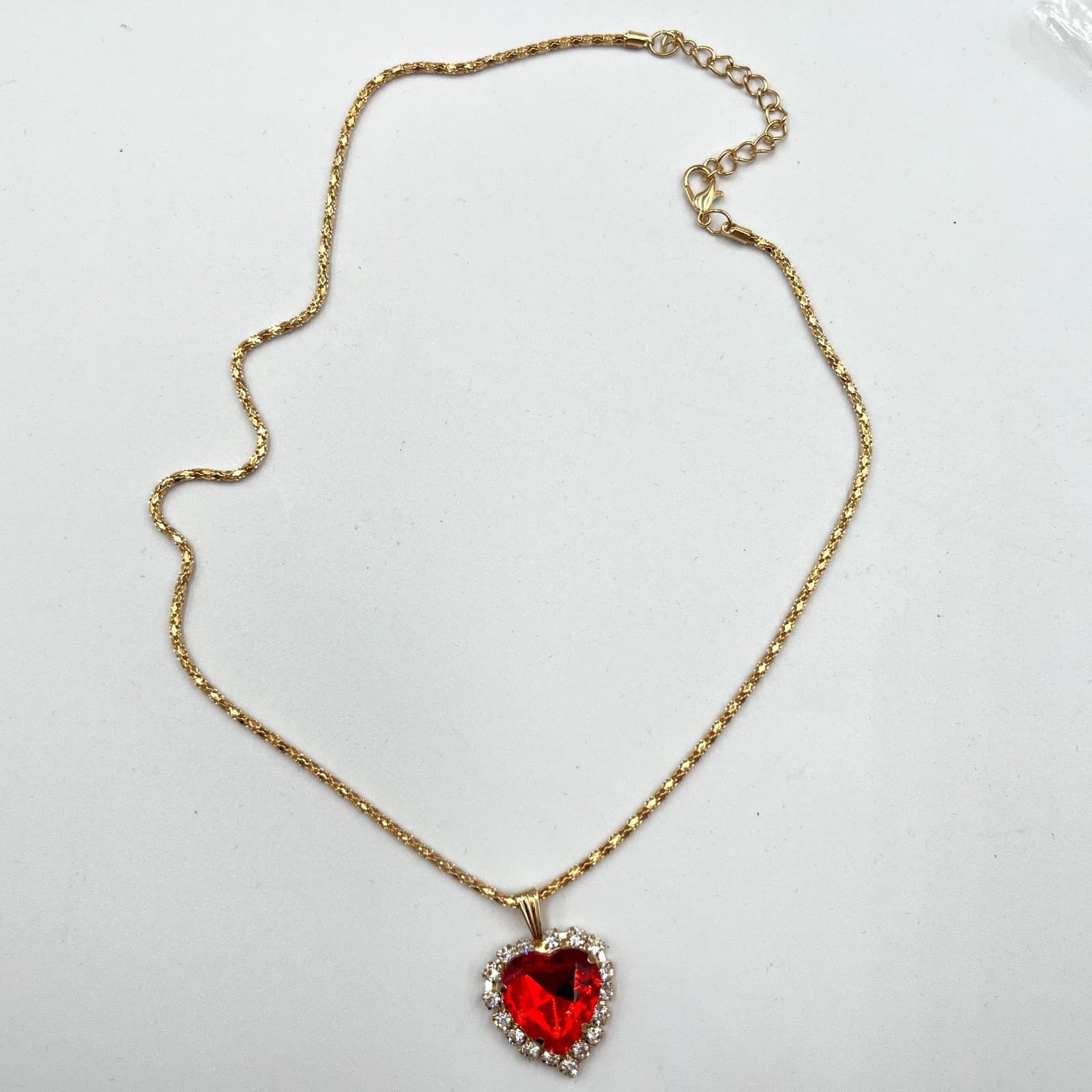 Vintage Retro Red Heart Crystal Jewelry Set Necklace Ring Earrings Gold Tone - Thumbnail 2