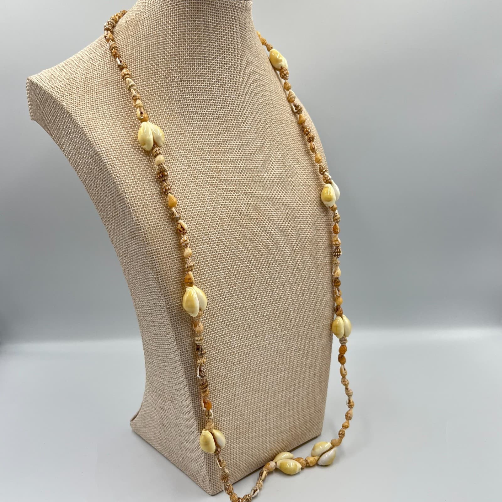 Vintage Boho Cream Cowrie Shell Long Strand Necklace Natural Beach Nautical Y2K - Thumbnail 4