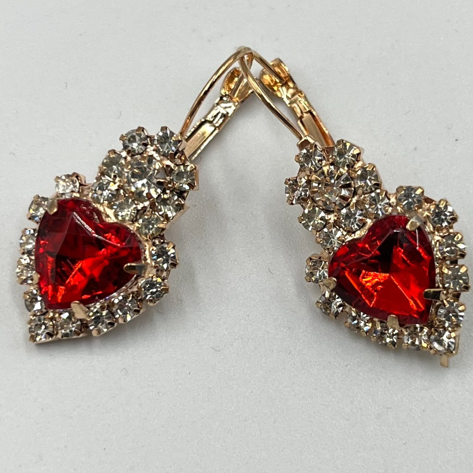Vintage Retro Red Heart Crystal Jewelry Set Necklace Ring Earrings Gold Tone - Thumbnail 12