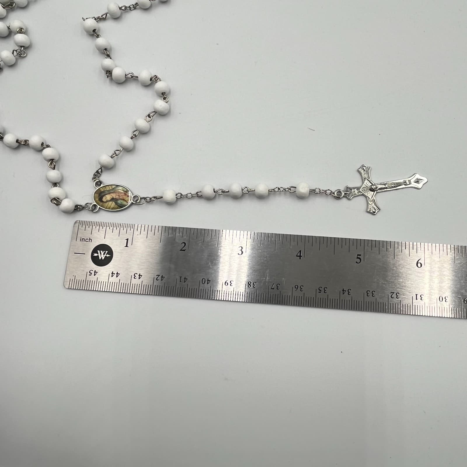 Vintage Virgin Mary Rosary Necklace White Wood Beads Silver Tone Crucifix & Case - Thumbnail 9