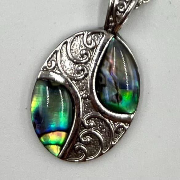 Vintage Retro Silver Tone Oval Abalone Shell Filigree Pendant Necklace Classic - Thumbnail 3
