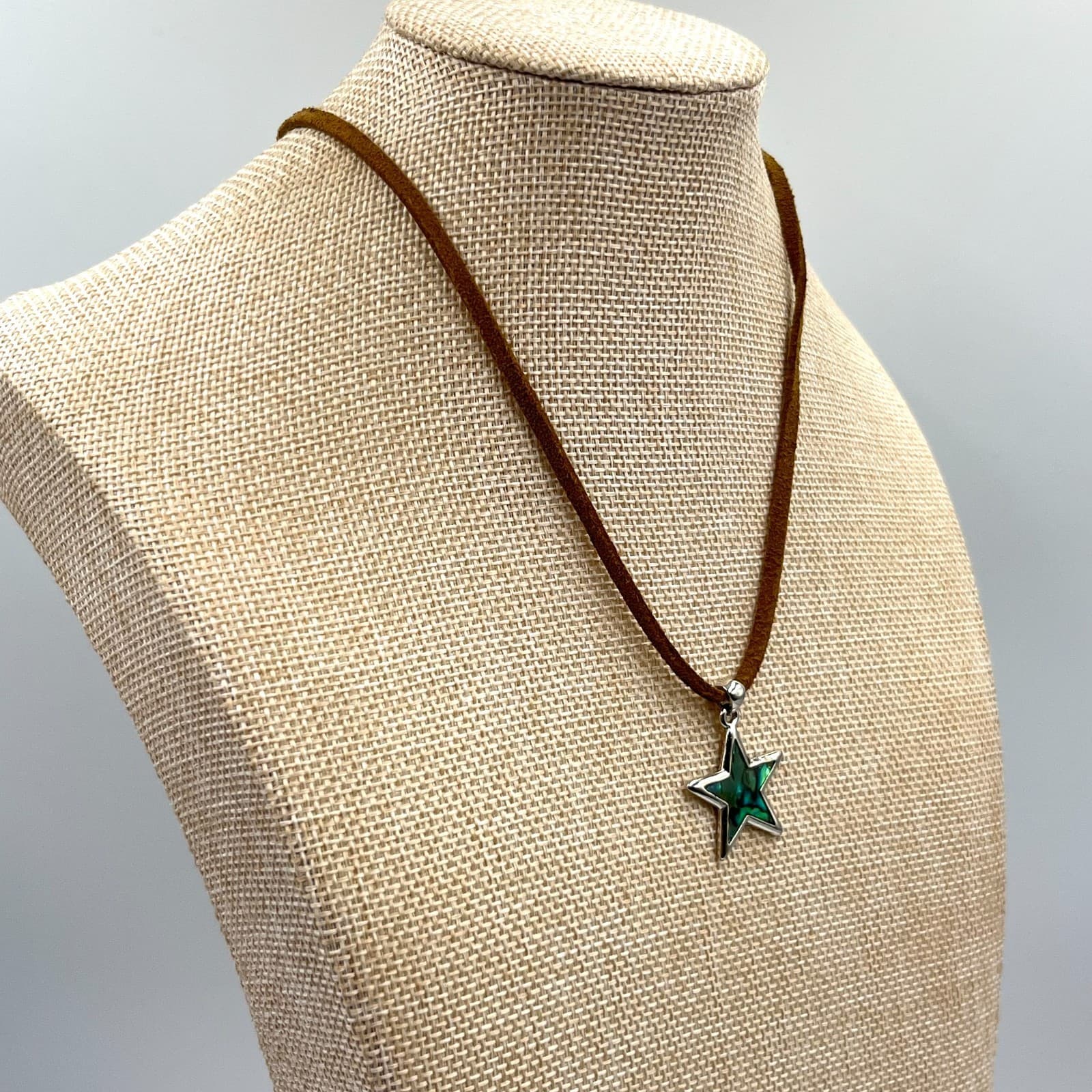 Vintage Boho Abalone Shell Star Pendant Necklace, Brown Suede Cord, Silver Tone - Thumbnail 6