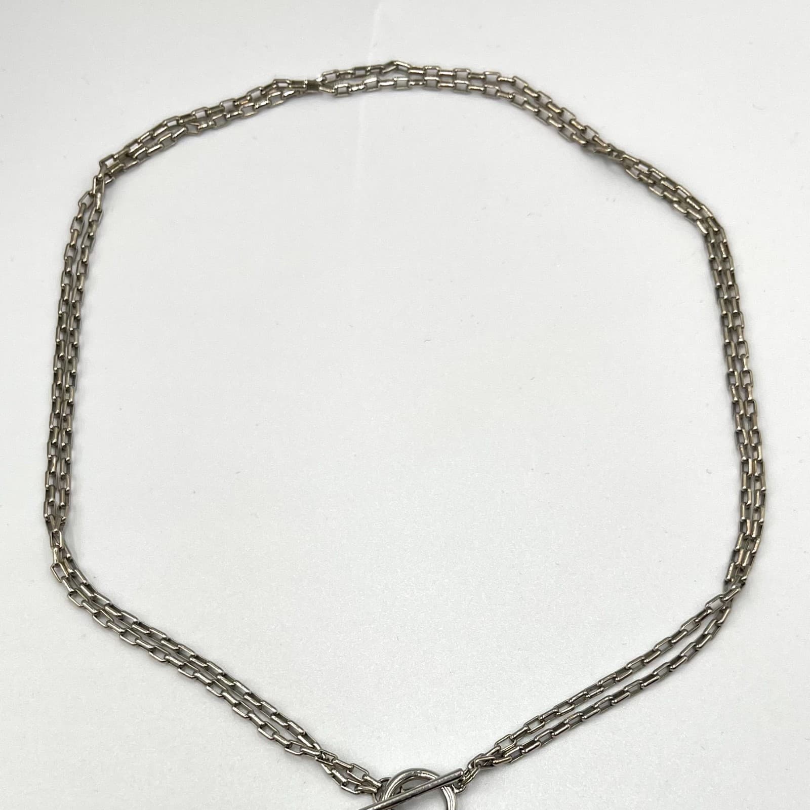 Vintage Retro Silver Tone Multi-Chain Toggle Necklace Black White Art Glass - Thumbnail 4