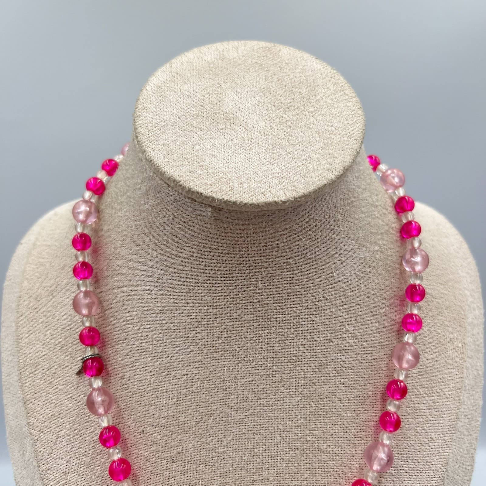 Vintage Y2K Hot Pink Pale Pink Translucent Beaded Necklace, 14" Choker Style - Thumbnail 2
