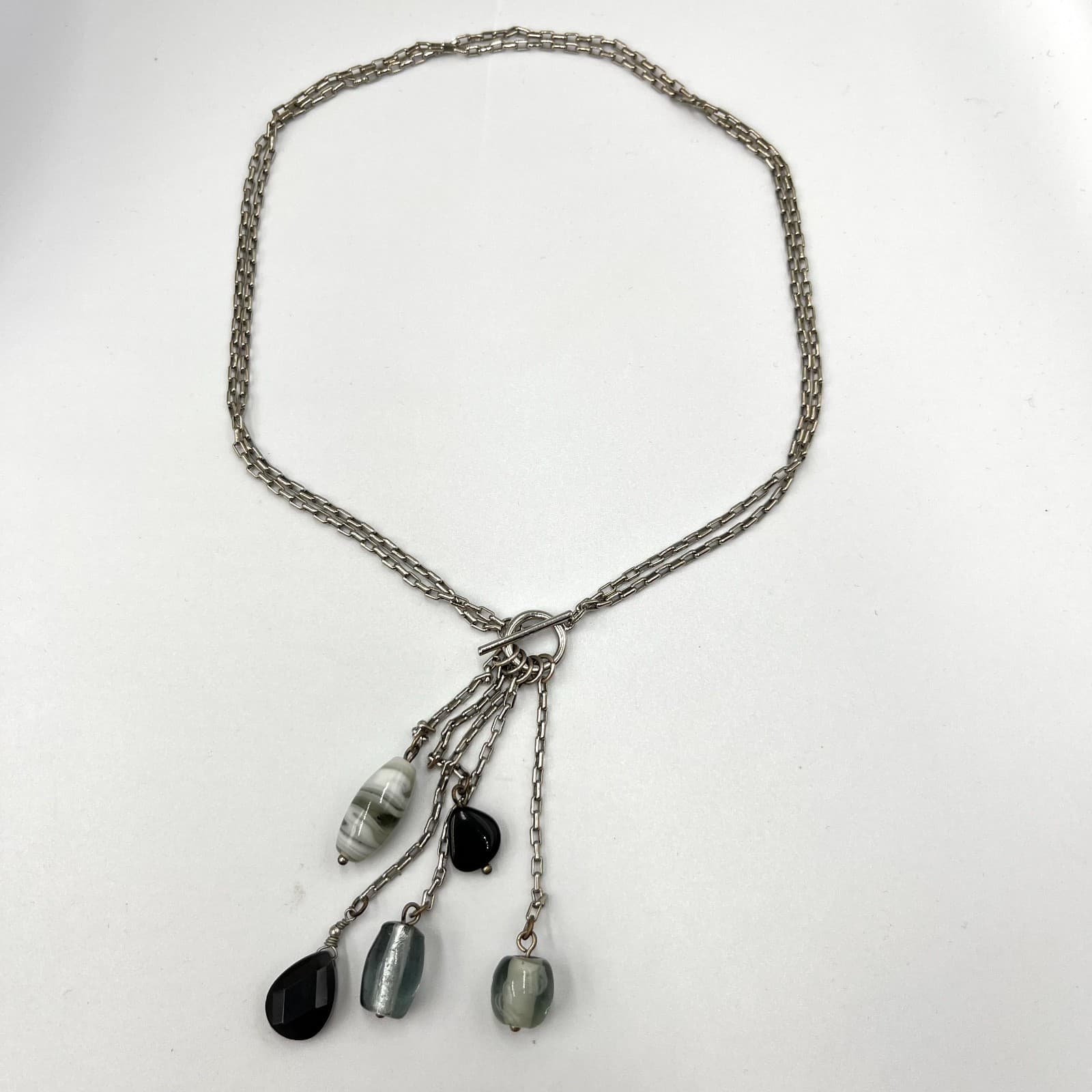 Vintage Retro Silver Tone Multi-Chain Toggle Necklace Black White Art Glass - Thumbnail 3