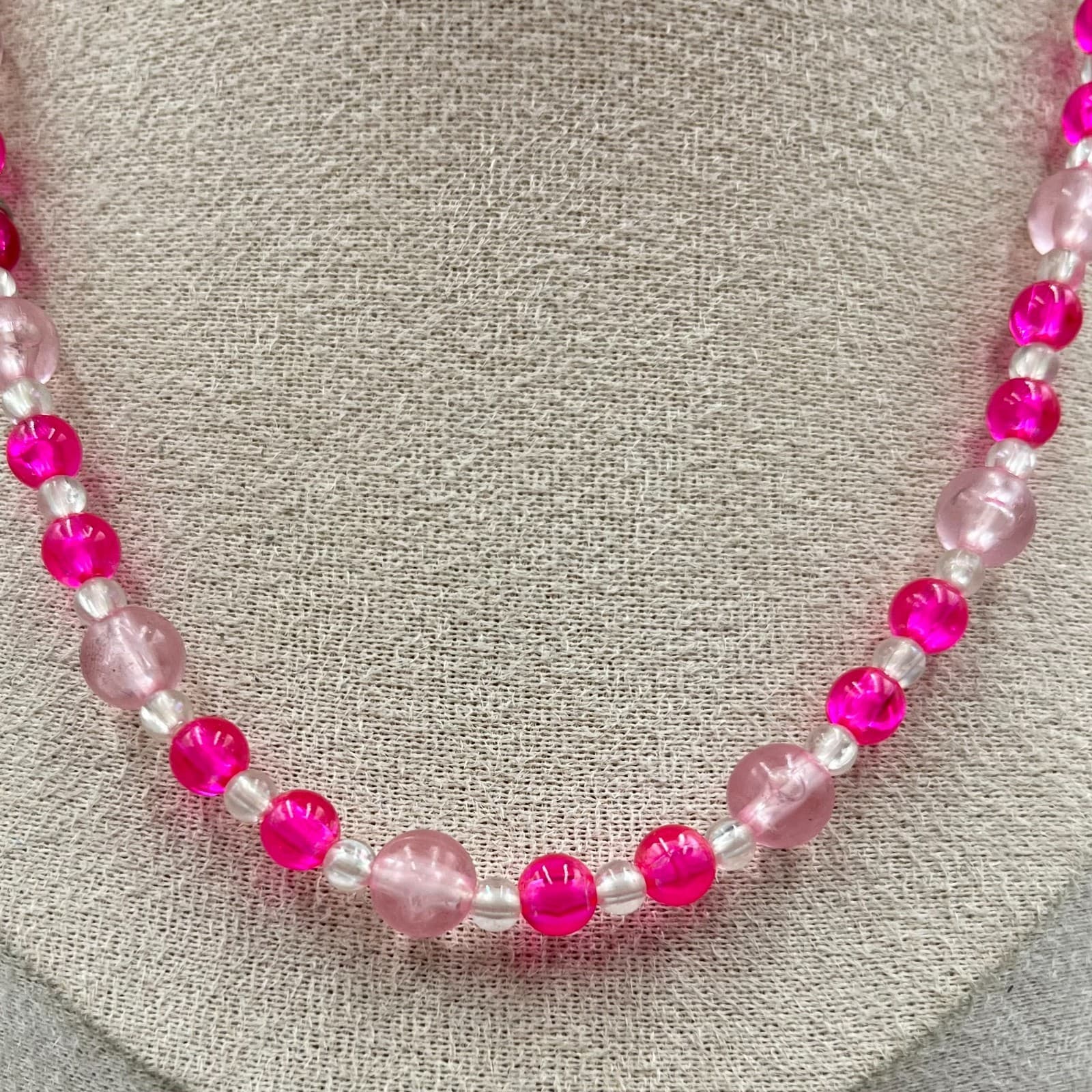 Vintage Y2K Hot Pink Pale Pink Translucent Beaded Necklace, 14" Choker Style - Thumbnail 3
