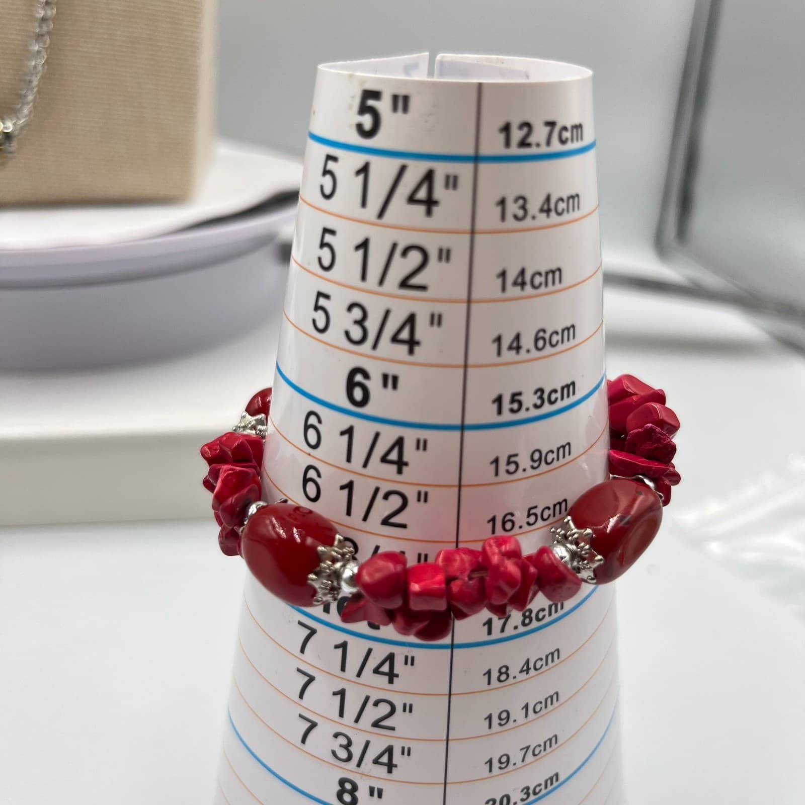 VTG Red Heart Coral Style Chunky Beaded Chunk Bracelet Retro Boho Silver Tone - Thumbnail 5