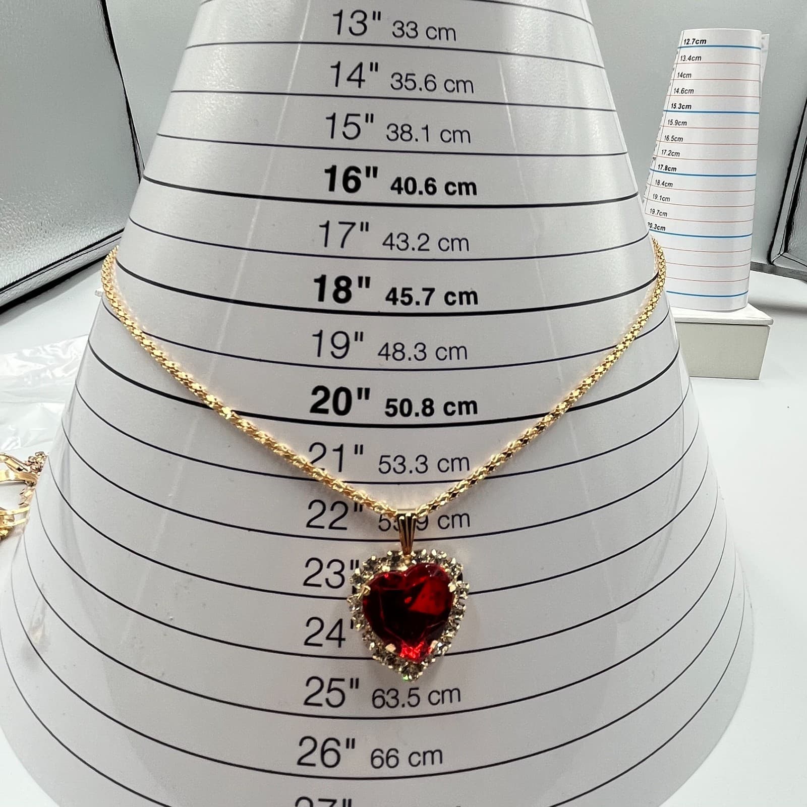 Vintage Retro Red Heart Crystal Jewelry Set Necklace Ring Earrings Gold Tone - Thumbnail 5