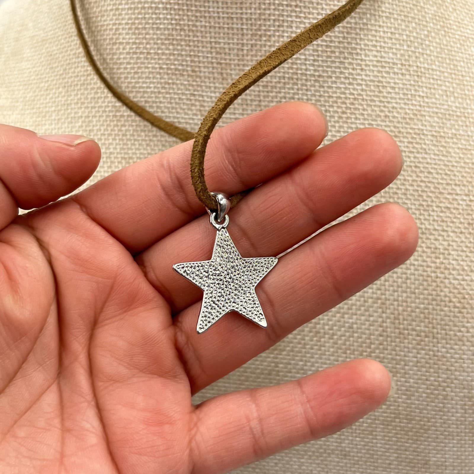 Vintage Boho Abalone Shell Star Pendant Necklace, Brown Suede Cord, Silver Tone - Thumbnail 4