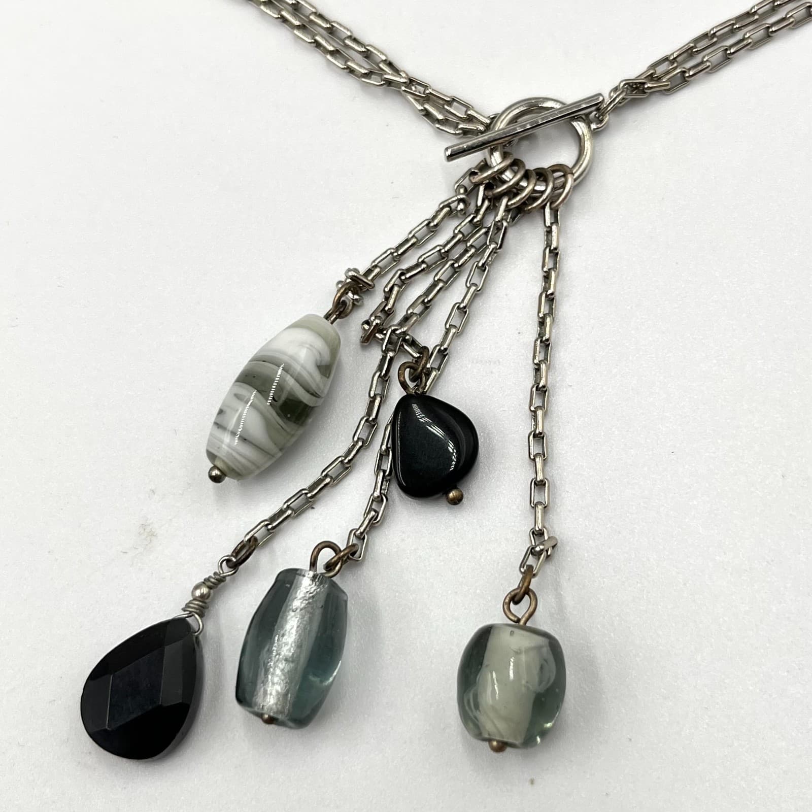 Vintage Retro Silver Tone Multi-Chain Toggle Necklace Black White Art Glass - Thumbnail 6