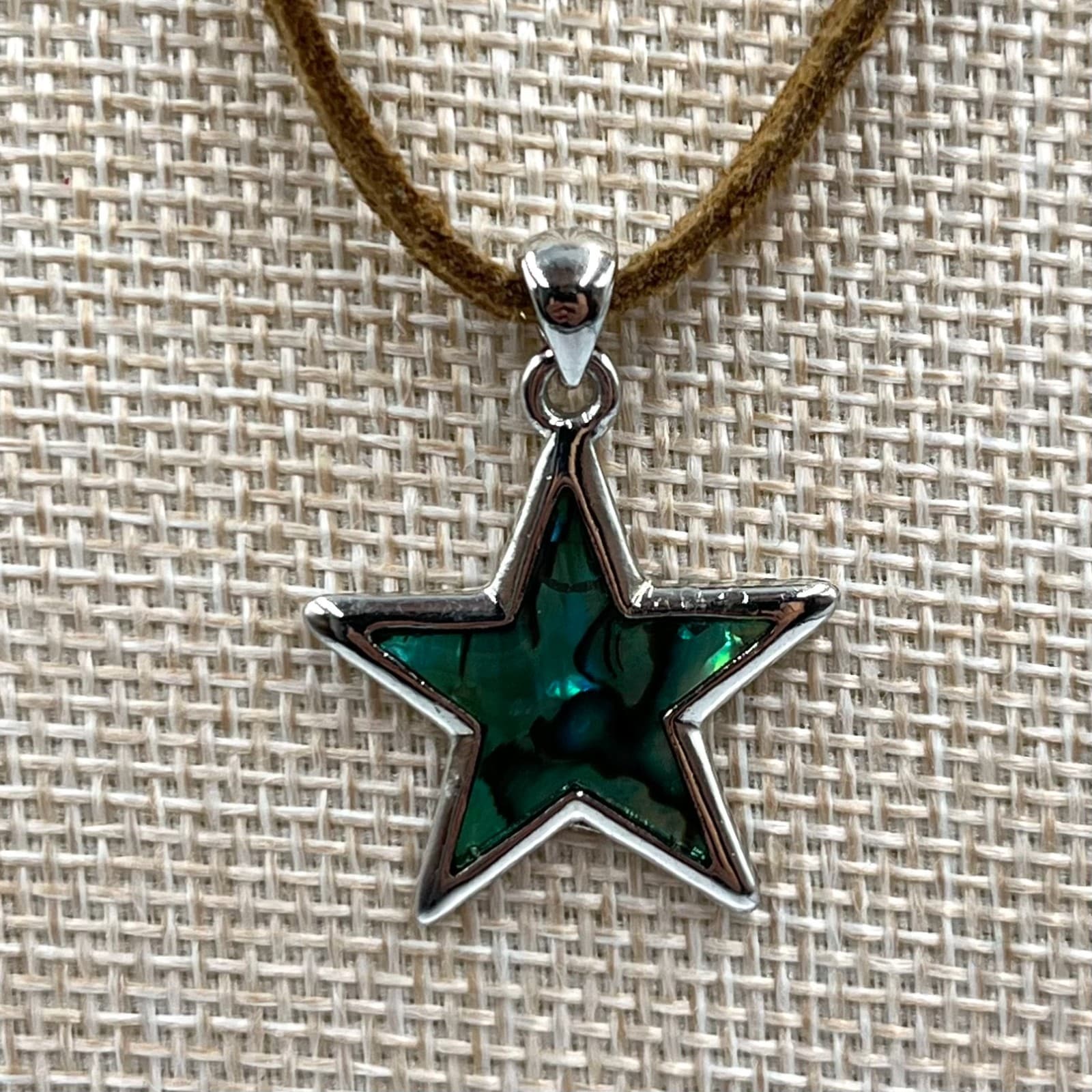 Vintage Boho Abalone Shell Star Pendant Necklace, Brown Suede Cord, Silver Tone - Thumbnail 3