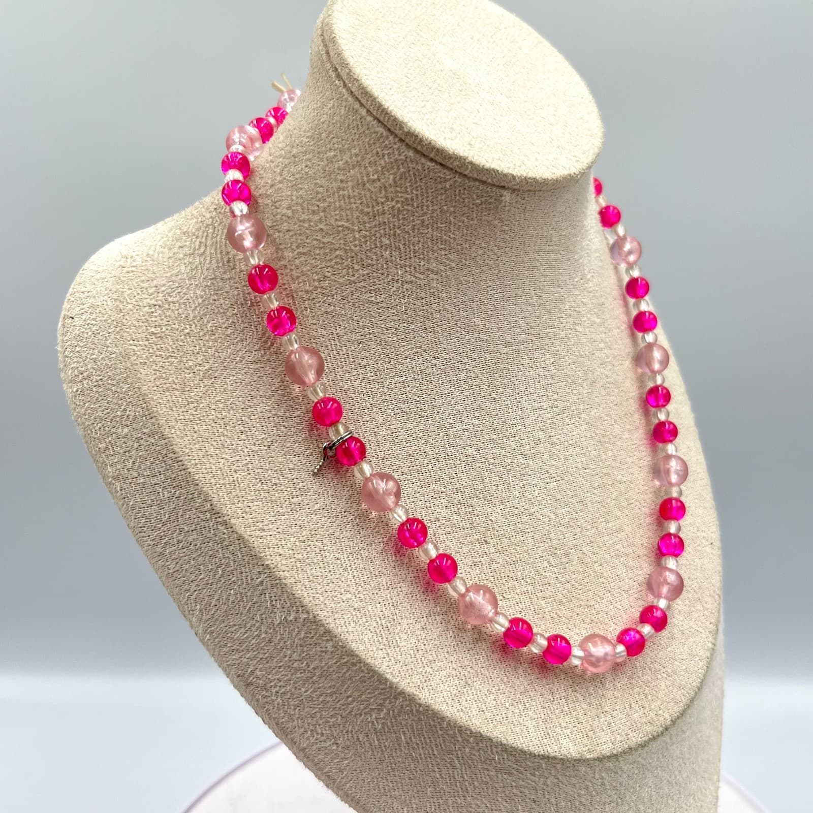 Vintage Y2K Hot Pink Pale Pink Translucent Beaded Necklace, 14" Choker Style - Thumbnail 4