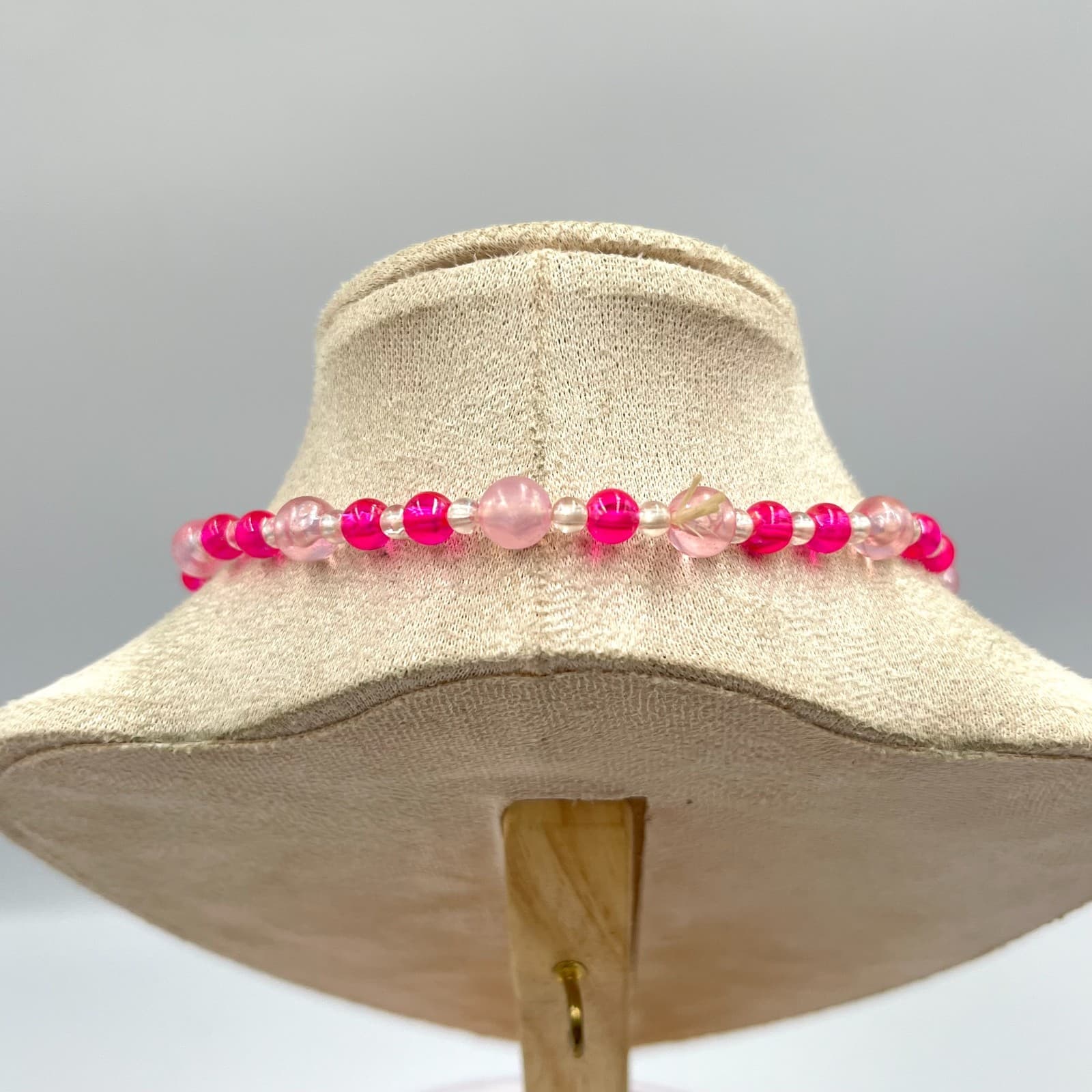 Vintage Y2K Hot Pink Pale Pink Translucent Beaded Necklace, 14" Choker Style - Thumbnail 5
