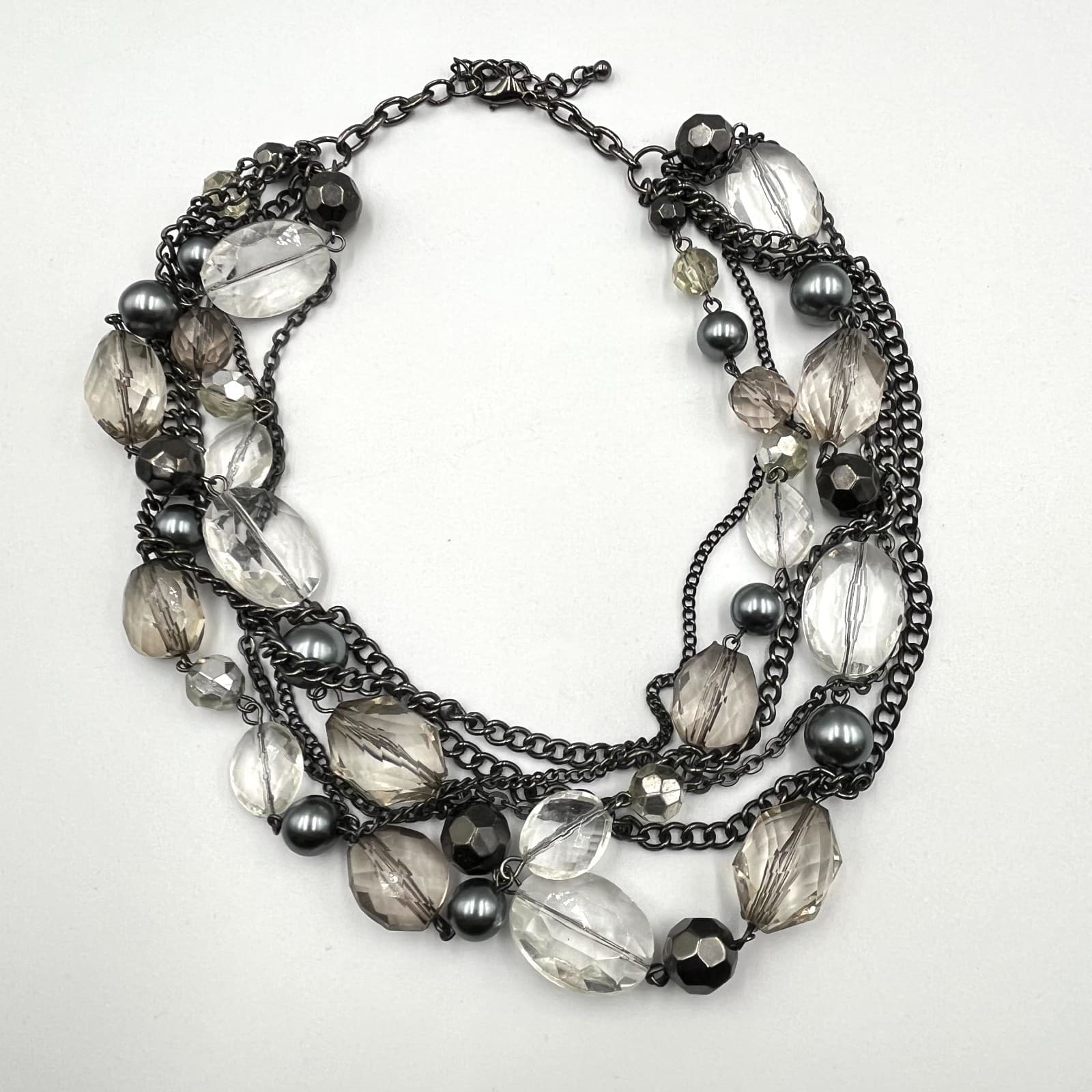 Vintage Y2K Gunmetal Multi-Strand Statement Necklace Clear & Gray Beads Fashion - Thumbnail 2