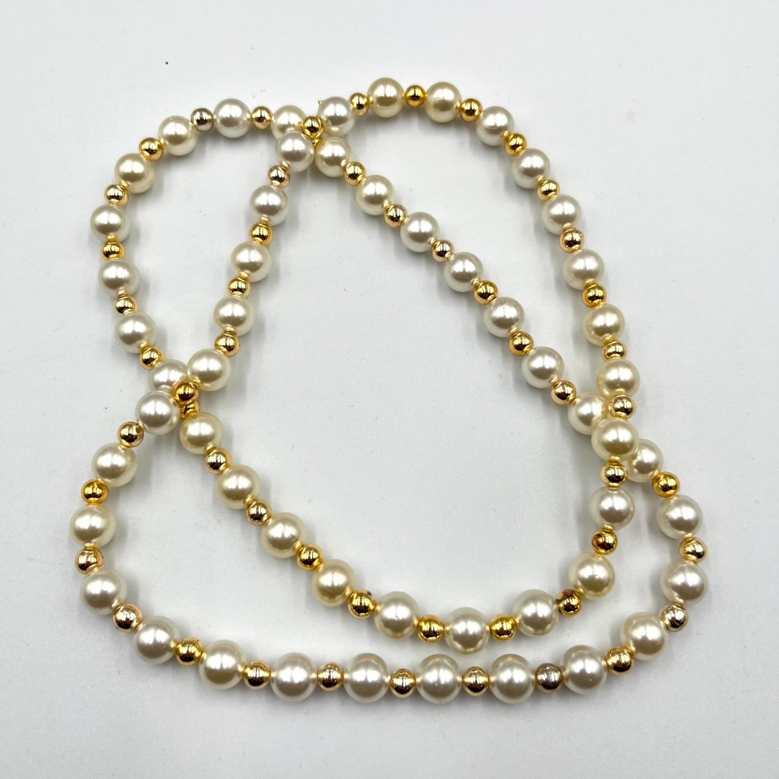 Vintage Cream Faux Pearl & Gold Tone Bead Operetta Necklace Long Retro Chic - Thumbnail 3
