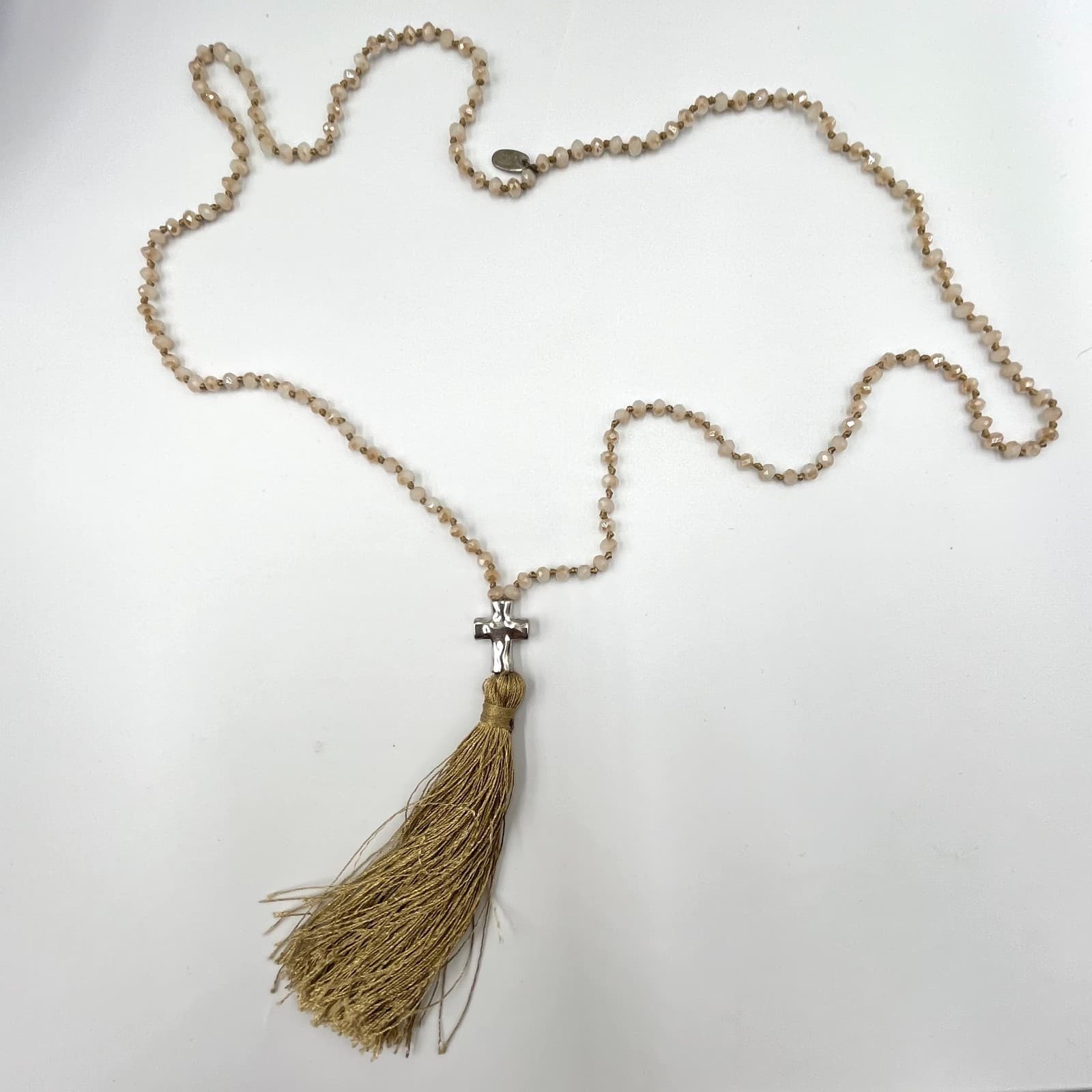 Vintage Y2K Boho Crystal Bead Long Tassel Cross Necklace – Beige/Gold Classic - Thumbnail 2