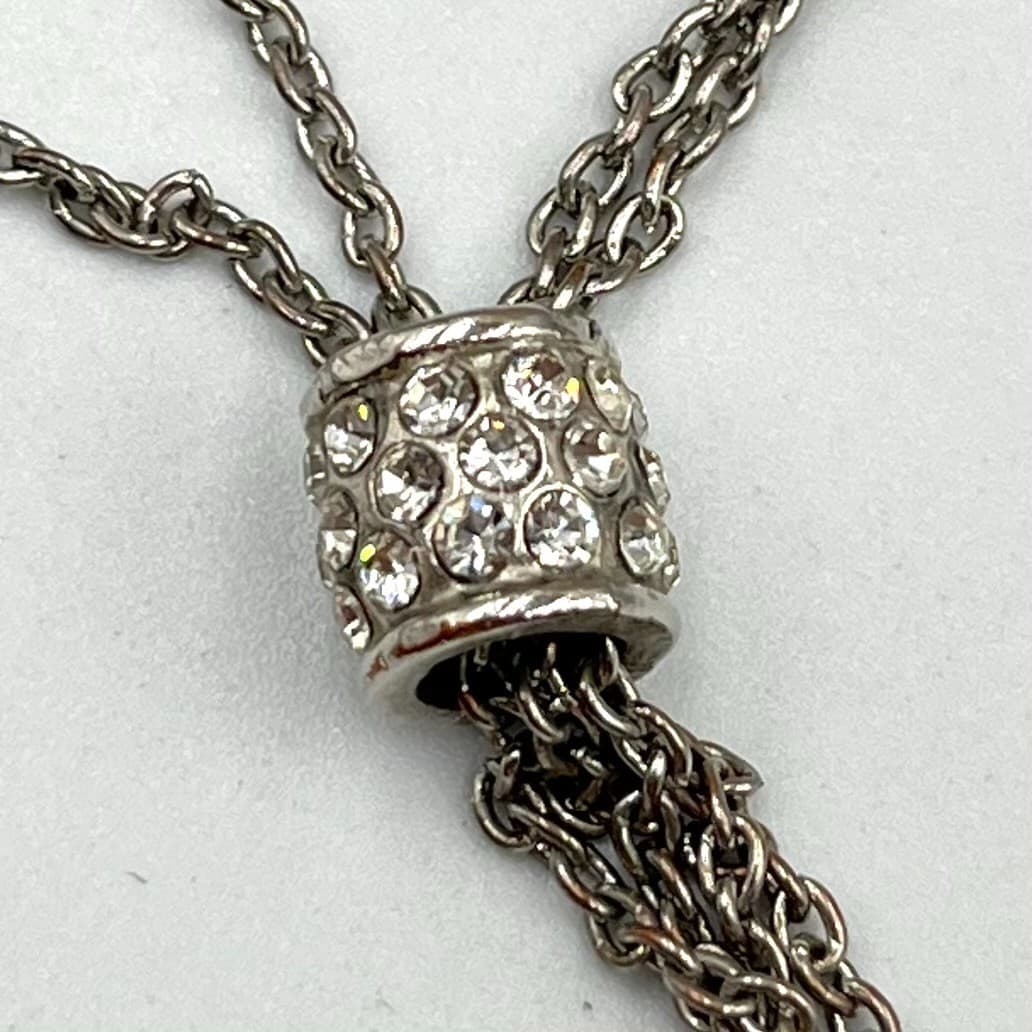 Vintage Silver Tone Hammered Hoop Pendant Necklace Rhinestone Slide Y2K Retro - Thumbnail 3