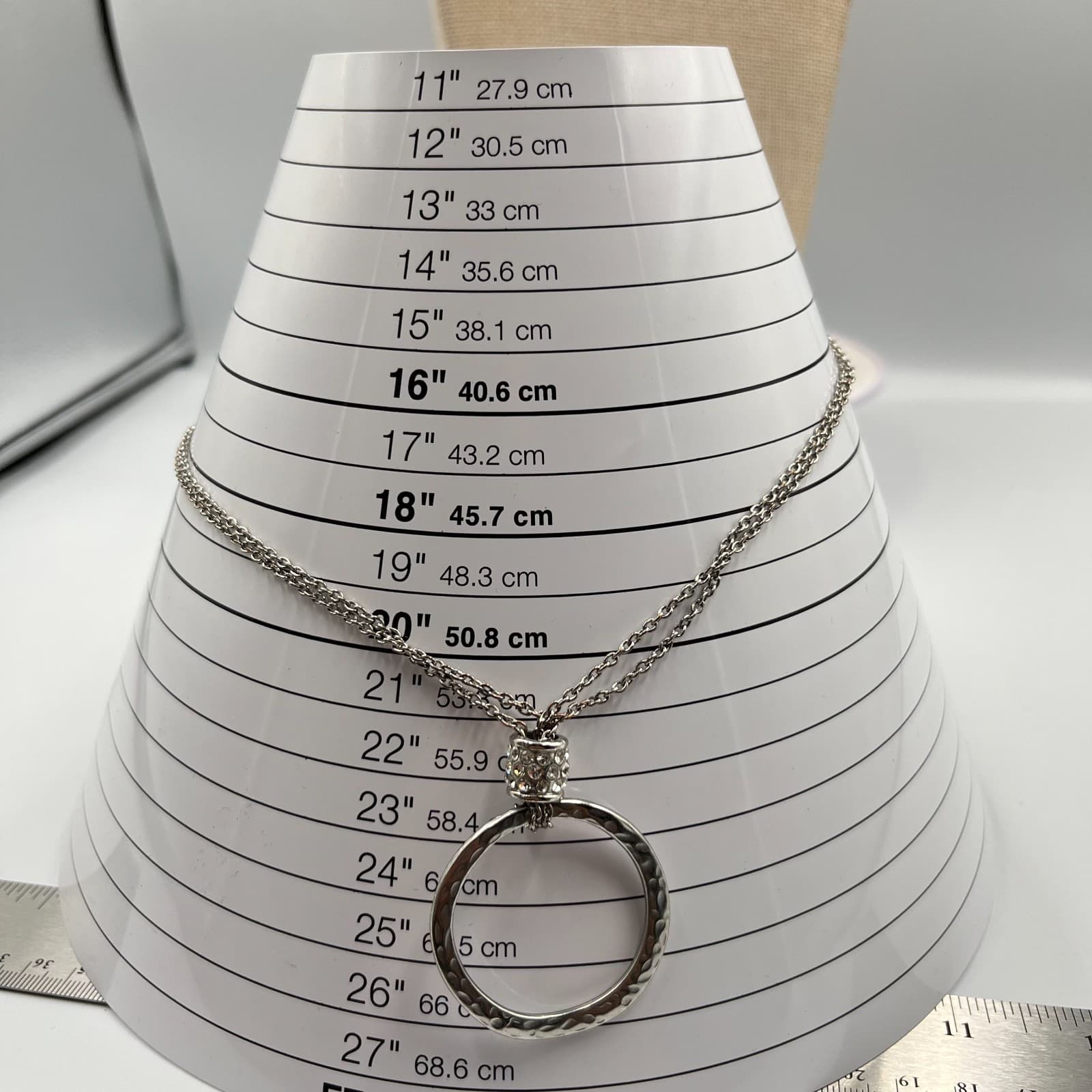 Vintage Silver Tone Hammered Hoop Pendant Necklace Rhinestone Slide Y2K Retro - Thumbnail 6