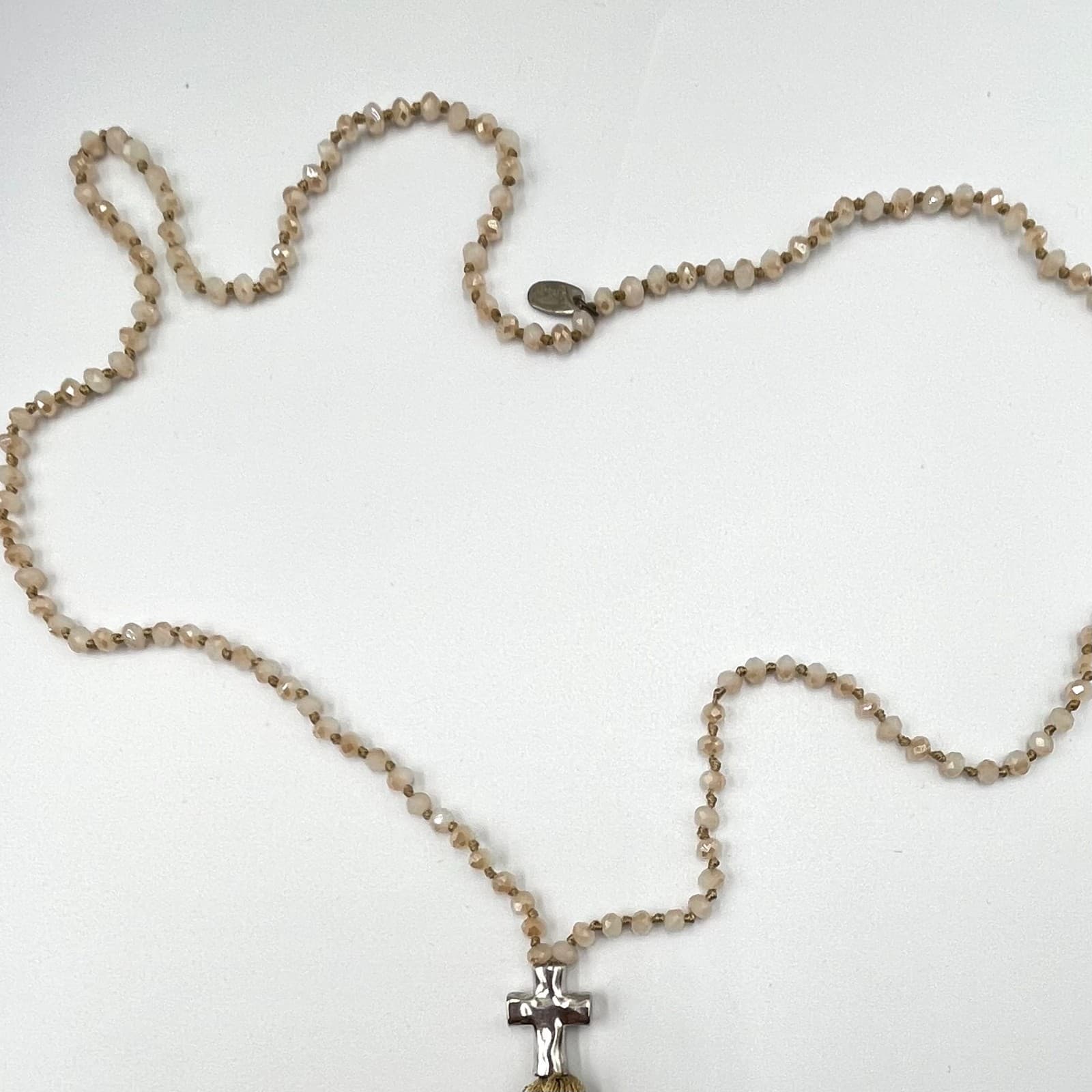 Vintage Y2K Boho Crystal Bead Long Tassel Cross Necklace – Beige/Gold Classic - Thumbnail 4