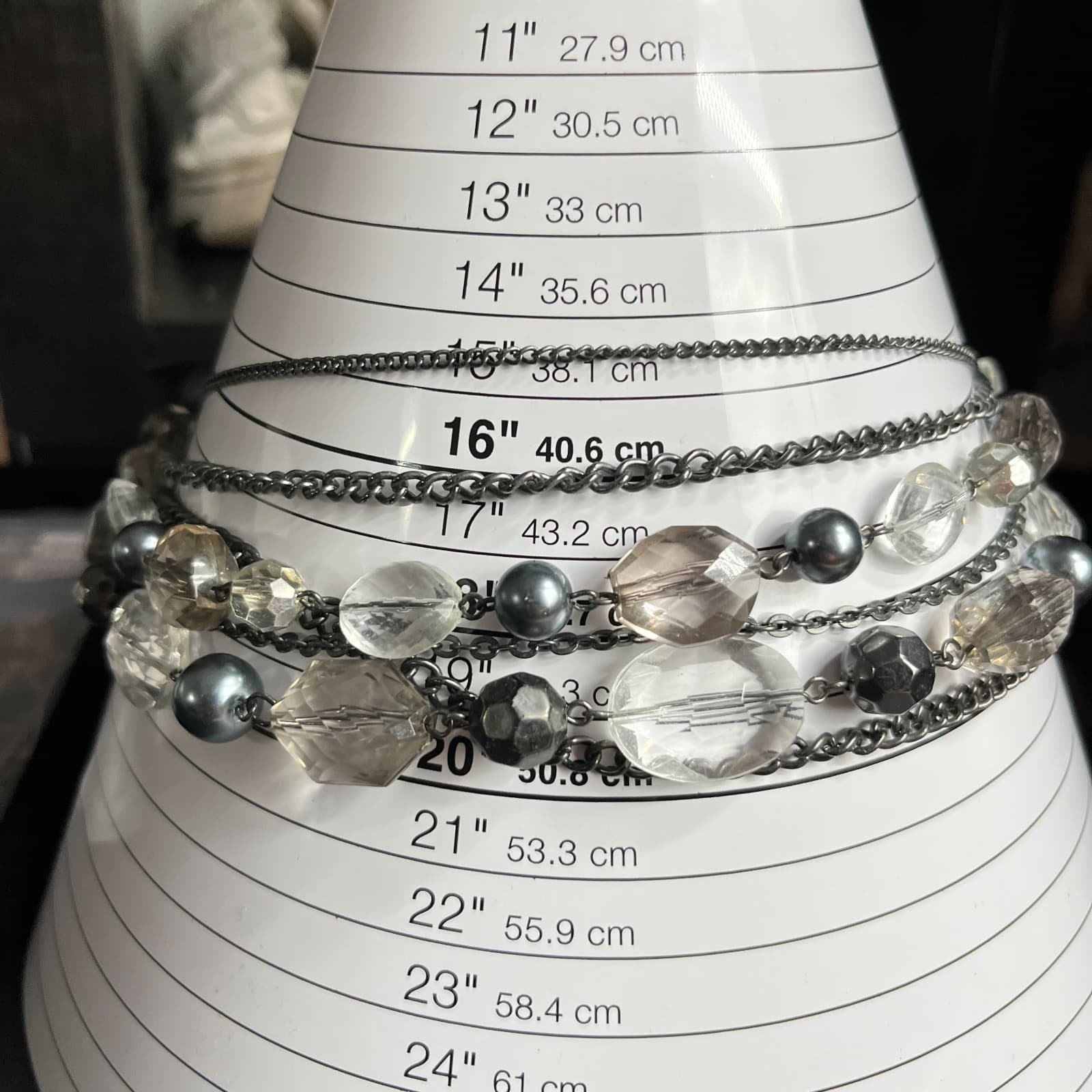 Vintage Y2K Gunmetal Multi-Strand Statement Necklace Clear & Gray Beads Fashion - Thumbnail 6